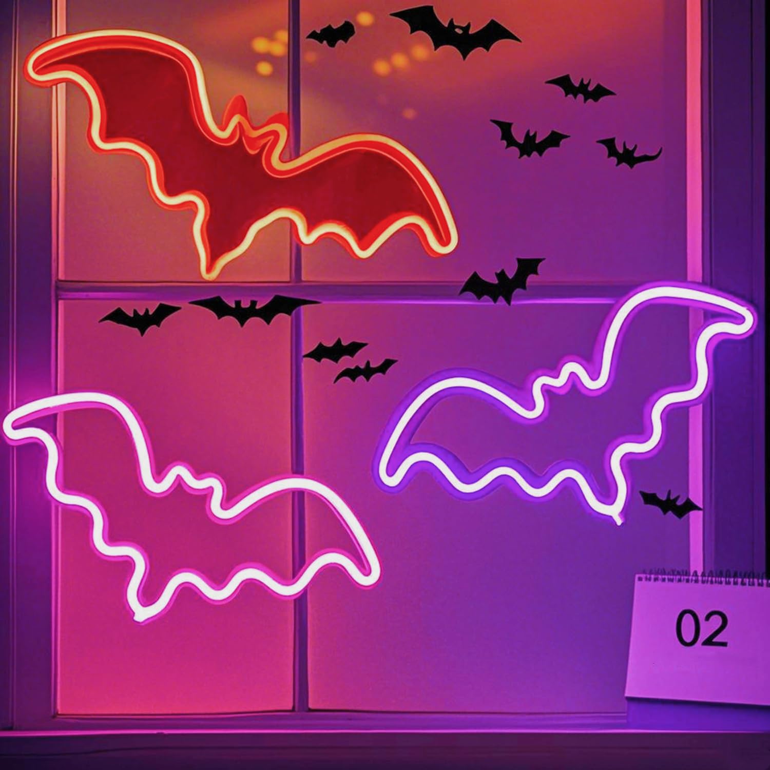 3Pcs Bat Halloween Neon Signs for Bedroom Bedside Dorm Wall Decor,Battery Powered Neon Light up Halloween Decor LED Night Lights Table Ornaments for Christmas Party(Red Pink Purple)