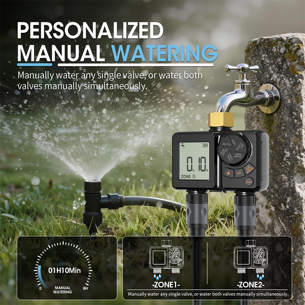 Bewässerungscomputer 2 Ausgänge, Bewässerungssystem Garten mit Regenverzögerung, Automatische Bewässerung Messing-Drehgelenk,Zeitschaltuhr Wasserhahn für Garten,Outdoor,Gewächshaus