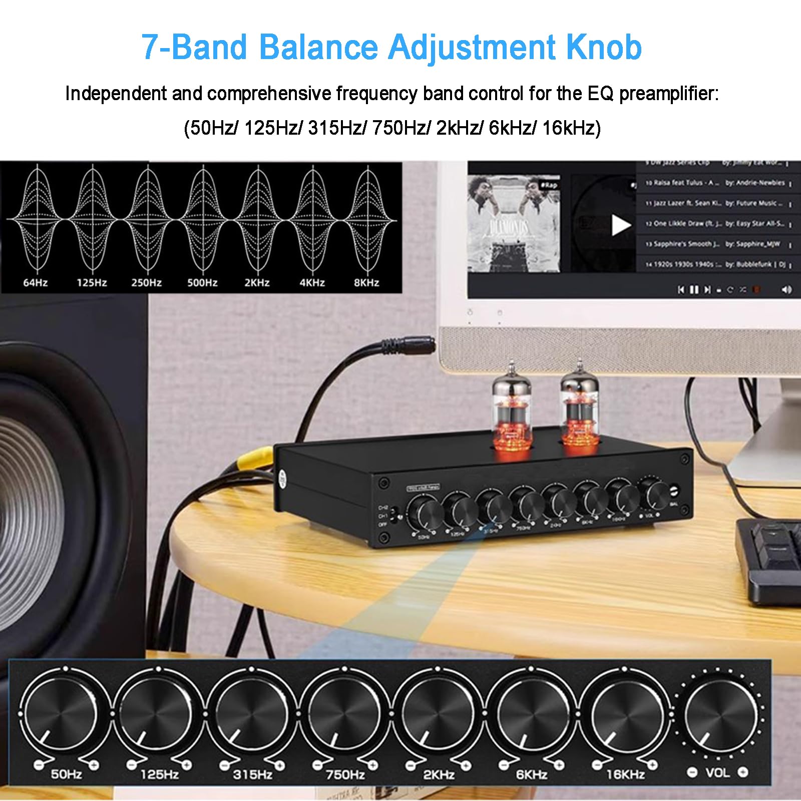 EQ a 7 bande equalizzatore preamplificatore HiFi a tubo a vuoto amplificatore per auto e altoparlanti domestici, ingressi e uscite RCA/XLR bilanciati per una migliore qualità audio