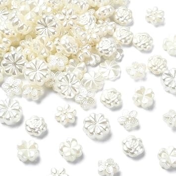 KitBeads 200pcs Mixed Styles Imitation Pearl Flower Beads Baroque Rose Clover ABS White Flower Shaped Beads for Jewelry Making Craft Bracelets