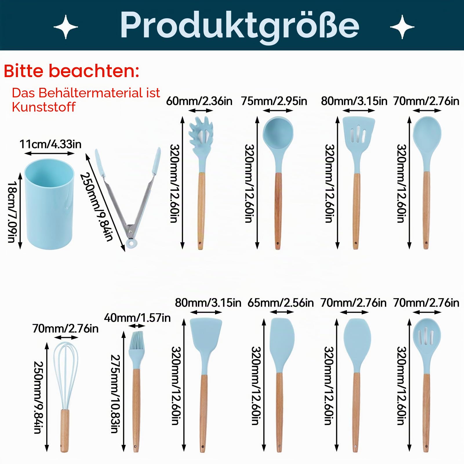 12-teiliges Kochutensilien-Set, Silikon-Kochutensilien-Set Hellblau Antihaft-Küchenutensilien mit Holzgriff Silikon-Küchengeschirr