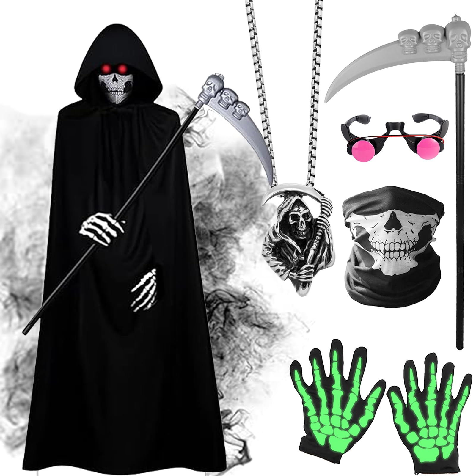 Black Hooded Capes, Halloween long Cape with Skeleton Masks Gloves Eyeglasses, Fancy Dress Costume for Halloween Christmas Cosplay Party (130)
