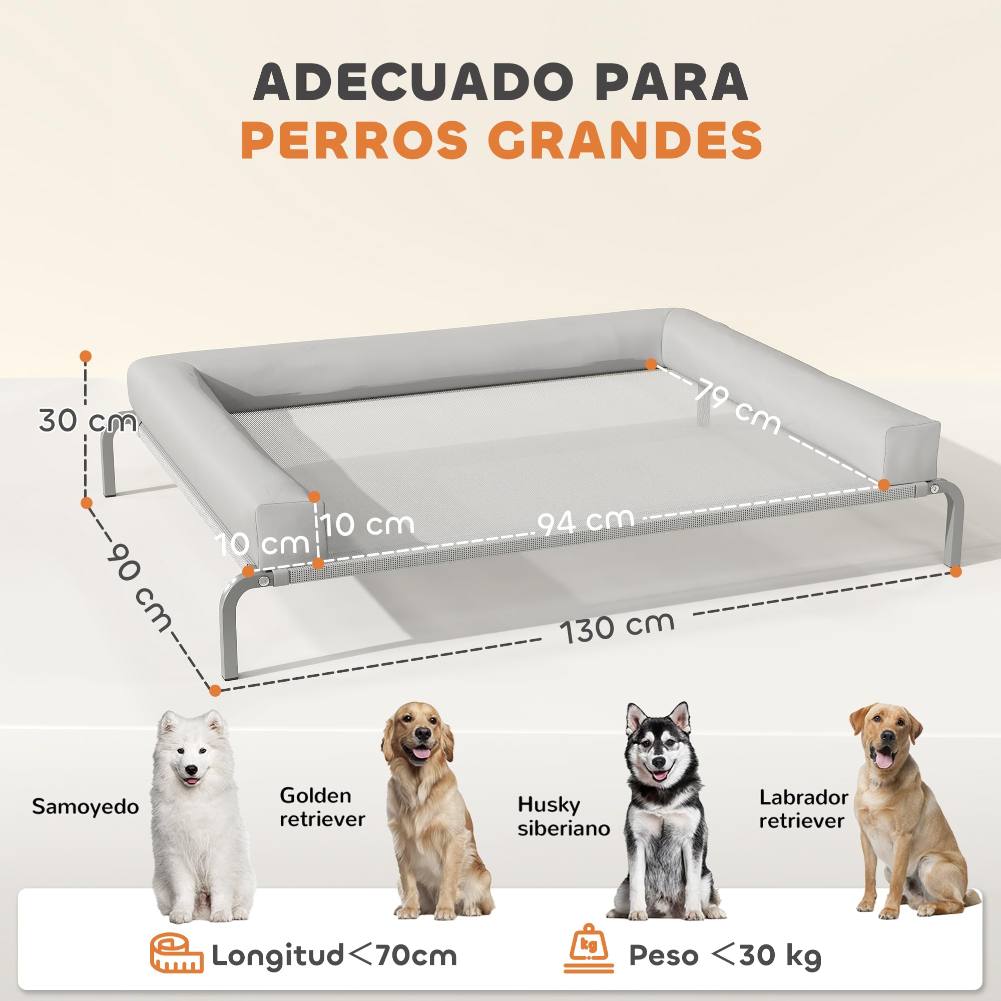 PawHut Cama Elevada para Perros Refrescante con Refuerzos Extraíbles Cama Elevada para Perros Grandes Portátil con Malla Transpirable Marco de Acero para Interior Exterior 130x90x30 cm Gris Claro