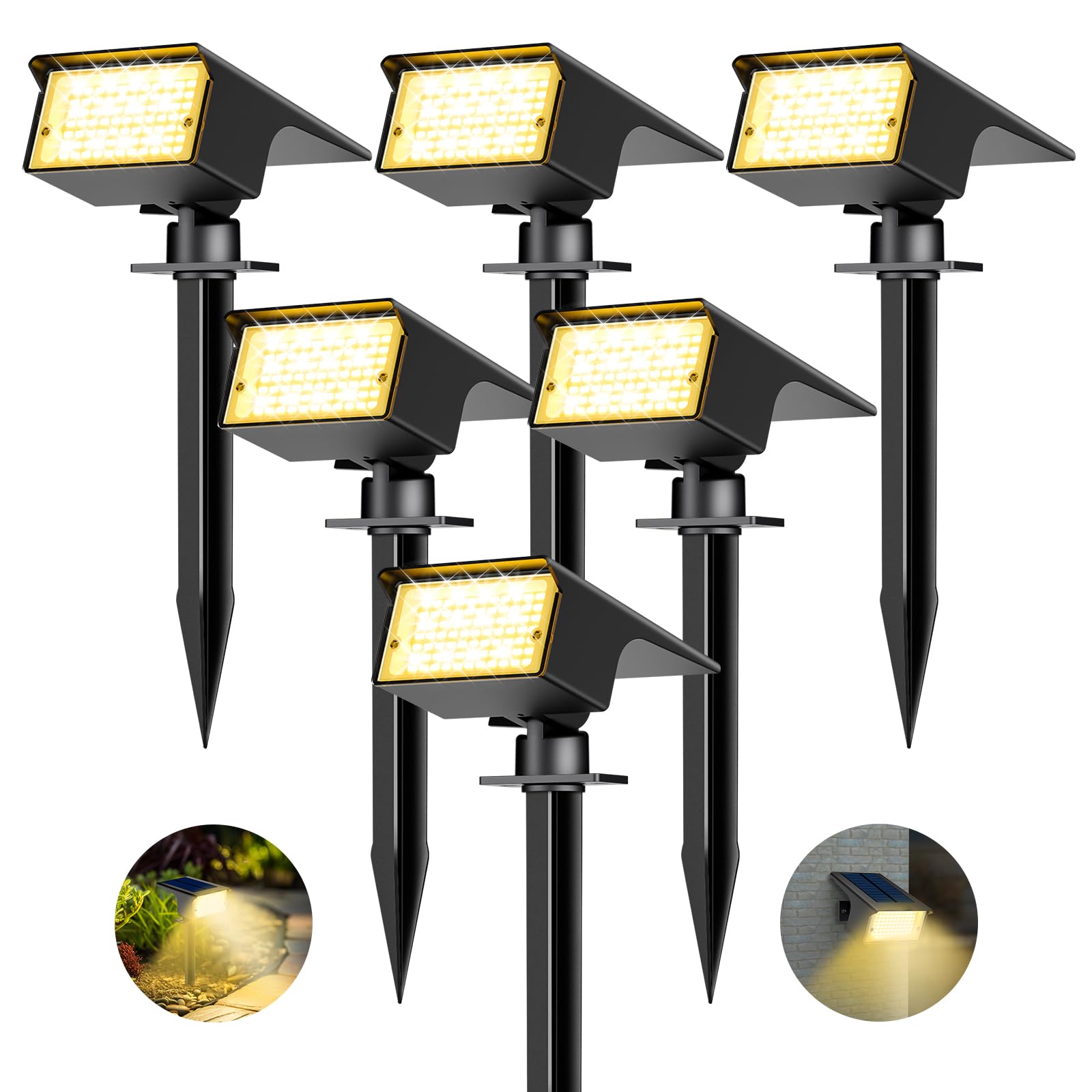 kolpop Image produit Lot de 6 Spot Solaire Exterieur, 77 LED Lampe Solaire Exterieur Jardin Puissante avec 3 Modes d'Éclairage, Lumiere Exterieur IP65 Étanche pour Jardin Allée Chemin, Blanc Chaud