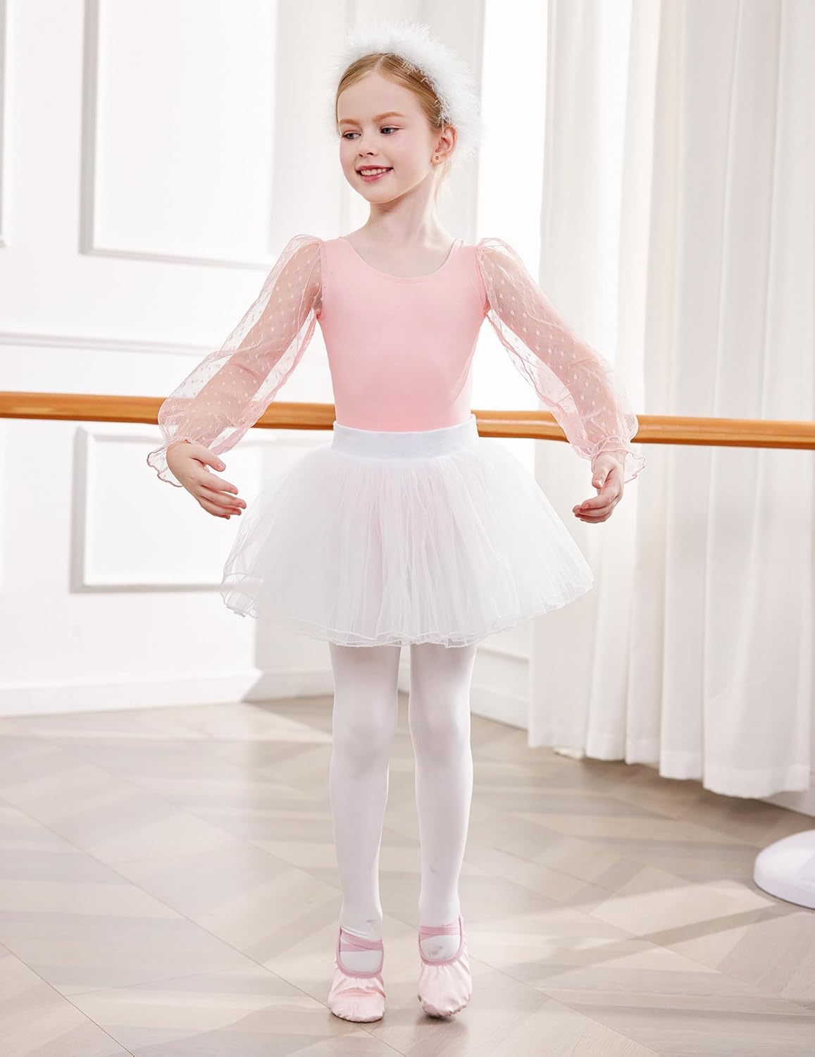 Zaclotre Gymnastics Leotards for Girls Polka Dots Mesh Long Sleeve Ballet Dance Outfit Toddler Size 3-11 Years - Image 4