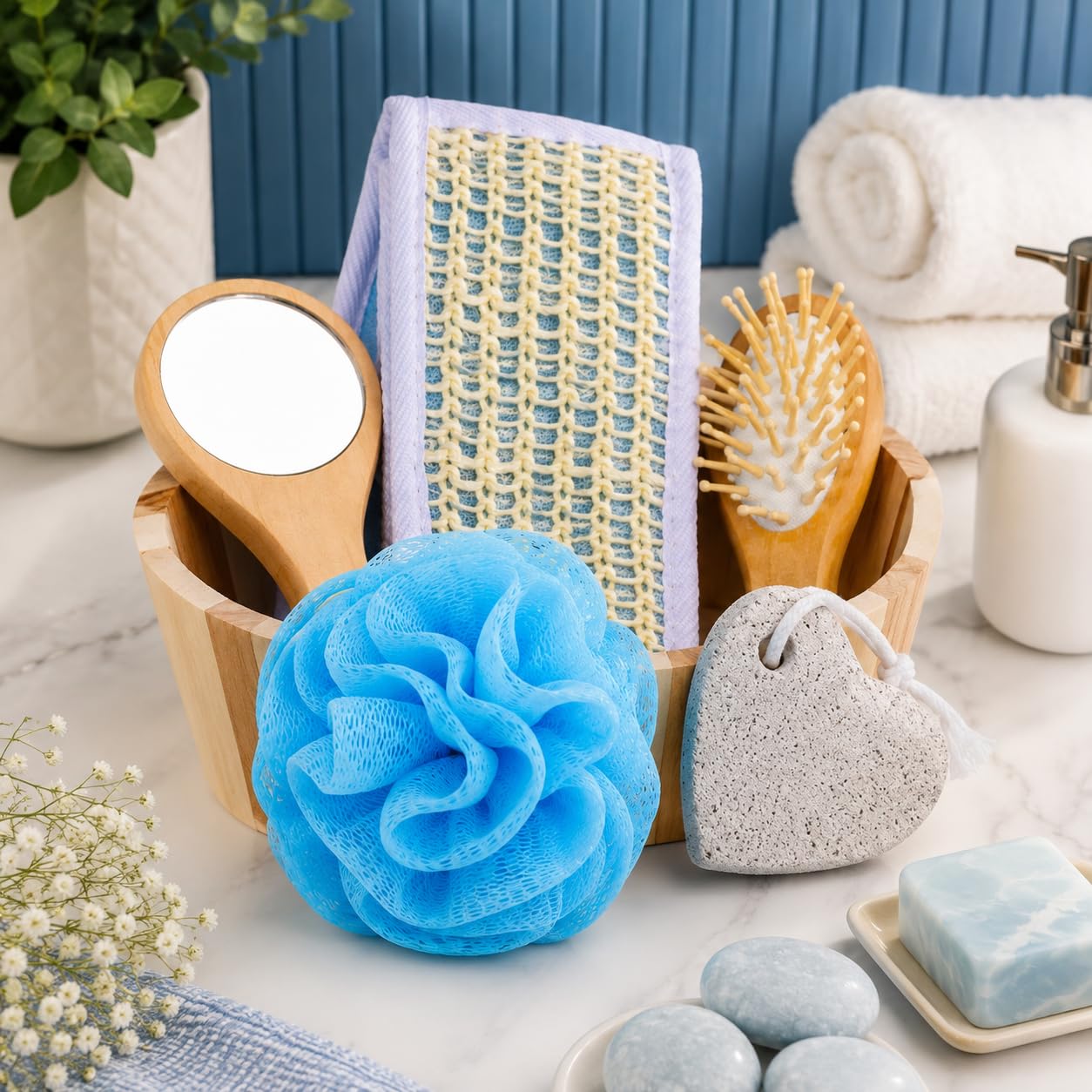 6-in-1 Wooden Spa Gift Set with Decorative Wooden Basin, Bath Loofah, Handheld Mirror, Scalp Massage Hair Brush, Woven Back Scrubber & Heart-Shaped Volcanic Pumice Stone for Home Spa, Bath & Self Care-image-9