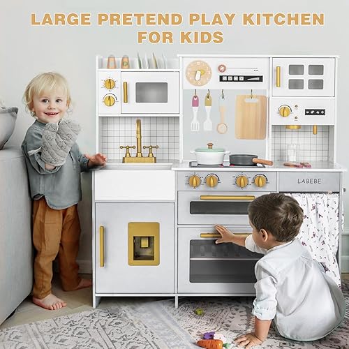 Miniatura 4 de Labebe Cocina de madera para niños, juego de cocina de juguete con muchas características de juego y utensilios de cocina, juego de cocina para