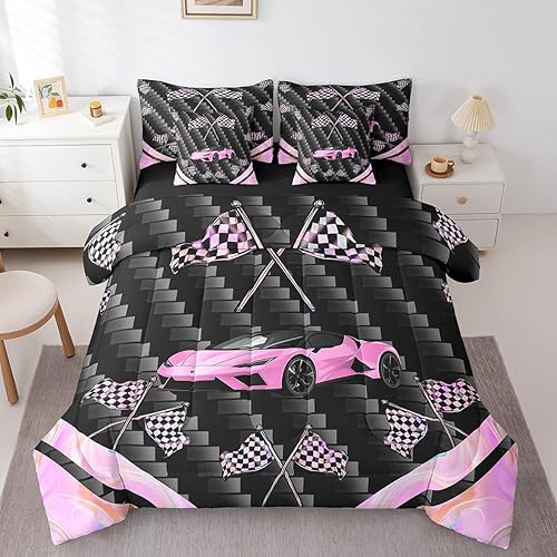Feelyou Pink Race Car 7 Piece Bedding Set Full Size Extreme Sports Comforter Set