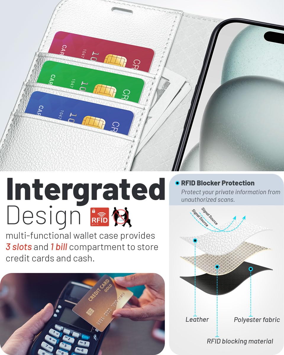 OCASE for iPhone 16 Pro Case, PU Leather Wallet, Magnetic Flip Folio Cover with RFID Blocking, Card Holders, Shockproof TPU - Image 3
