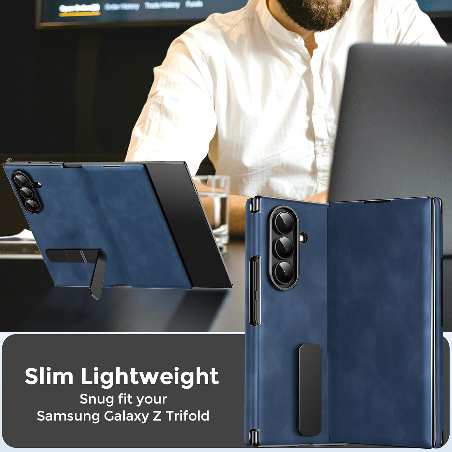 for Samsung Galaxy Z Trifold Case with Rotation Stand, Magnetic Hinge Protection Cover Full Coverage Shockproof Bumper Business PU Leather Protective Case for Galaxy Z Trifold Blue