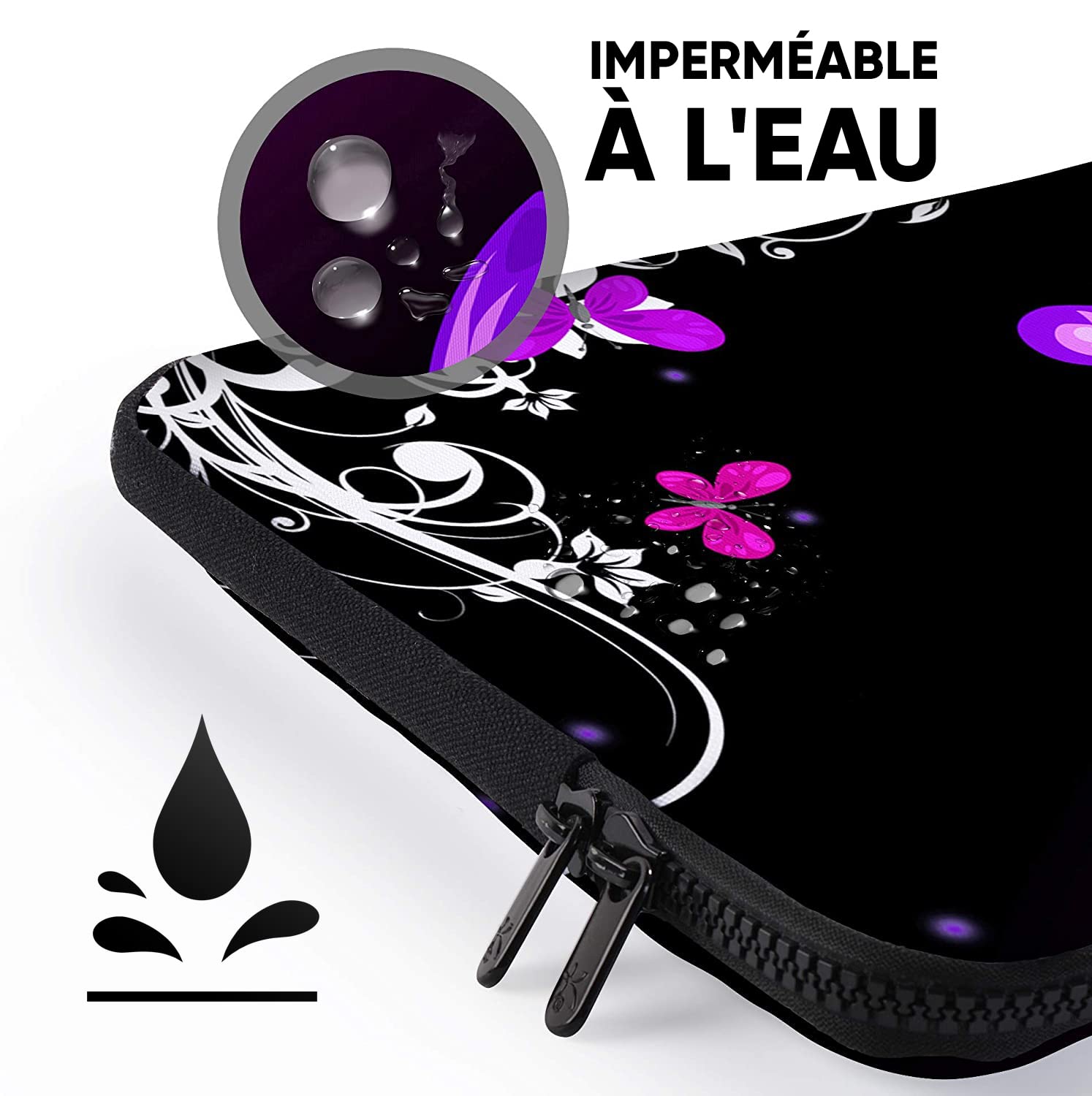 Sidorenko Sacoche Ordinateur 17 Pouces Femme, Housse PC Portable 17.3 Pouces avec Bandoulière et Poignée - Sac Ordinateur Rembourrée à Poche Avant Zippée - Motif Papillon Fleuri Rose et Noir