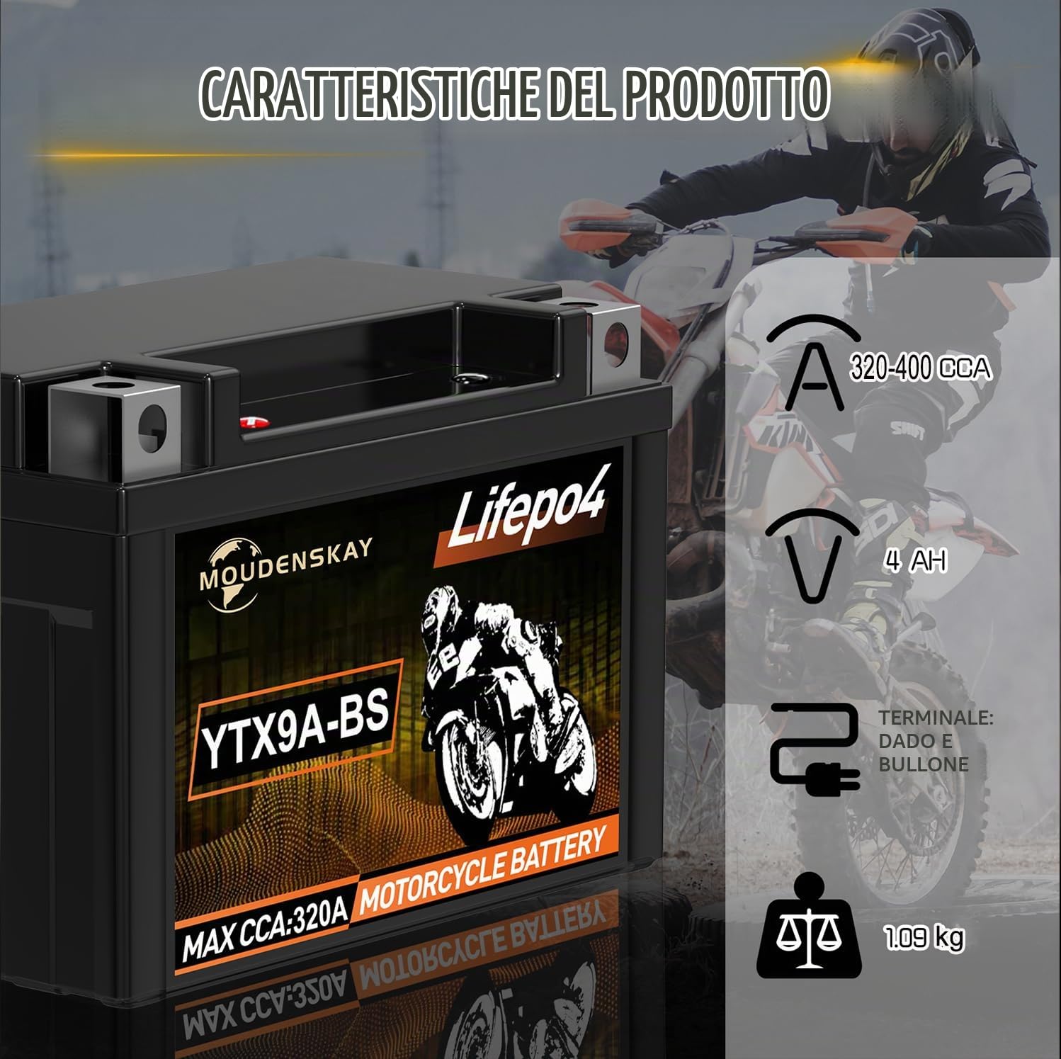 Batteria al Litio per Moto 12V Litio Batteria LiFePO4 YTX9A-BS 3AH