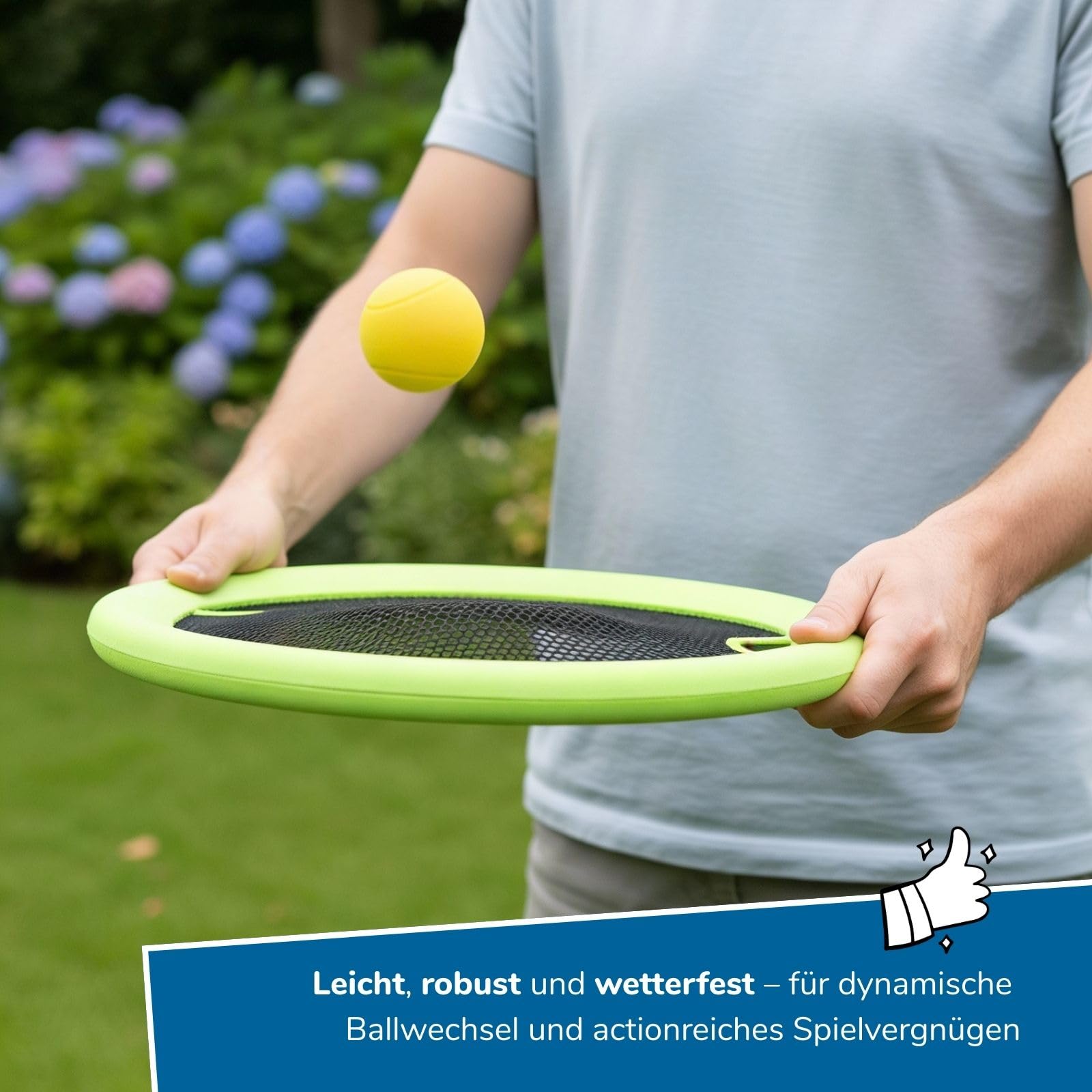 alldoro 68714 Beachball-Set 4in1, XL-Federball, XL-Soft-Tennis, Beachball & Wurfscheibe, wetterfestes Outdoor-Spielpaket ab 5 Jahren