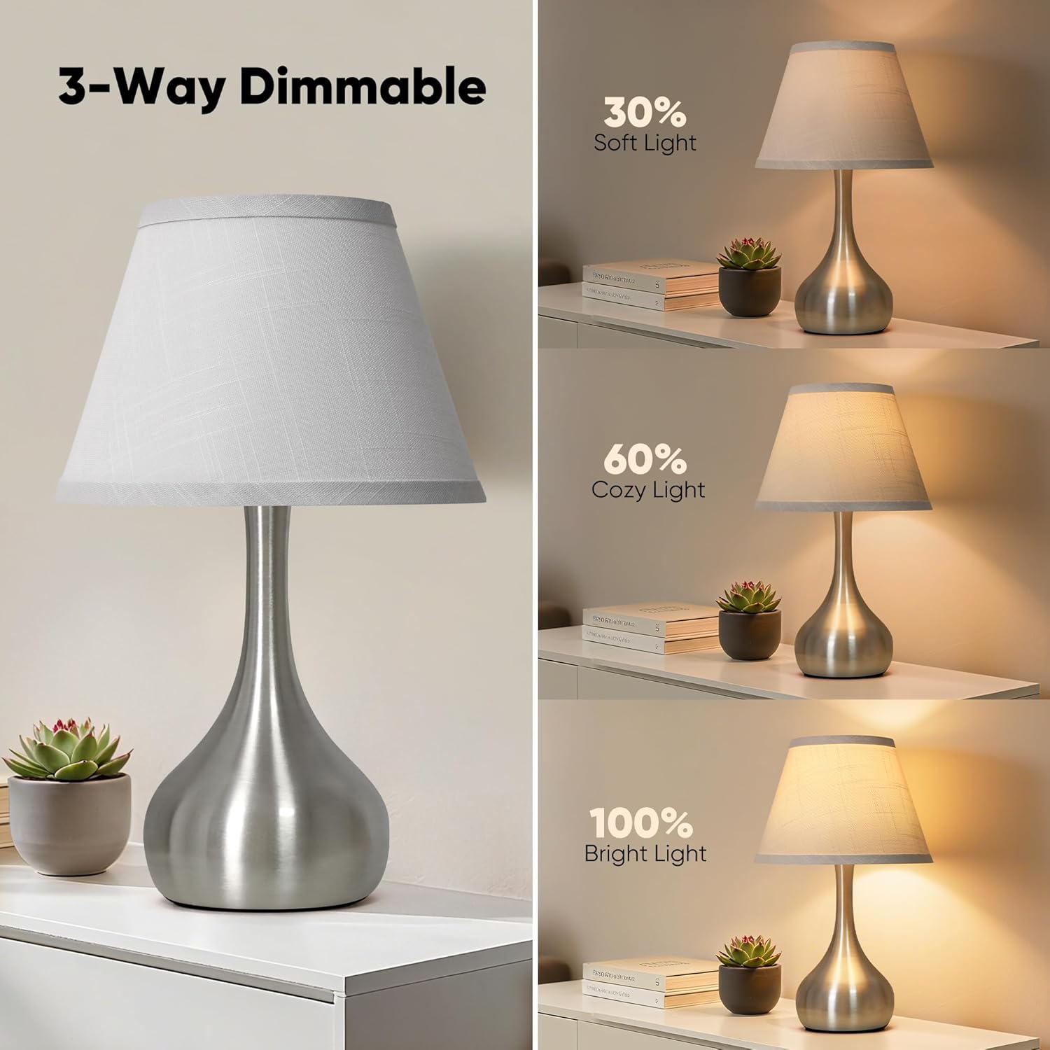 17” Touch Table Lamp for Bedroom Set of 2, 3-Way Dimmable Bedside Lamp for Nightstand, Modern Metal Desk Lamp with Linen Shade for Living Room, Kids Reading, Dorm, Home Office Decor, Bulb Included