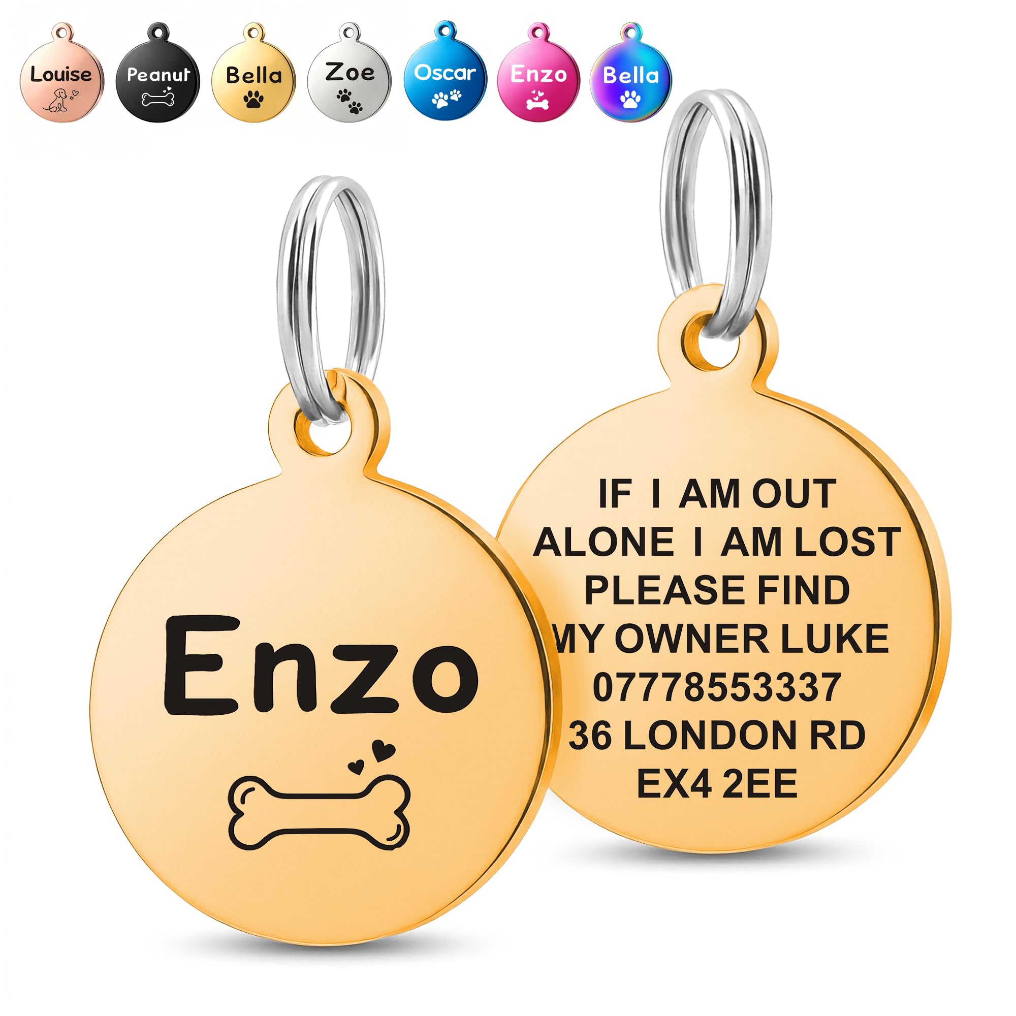 Deep Engraved Dog Tags for Pets UK Prime, Personalised Cat Dog Name ID Tags, Stainless Steel Pet Tag for Doggy Kitten Kitty Puppy, Scratch Resistant Tag (Gold Round, S)
