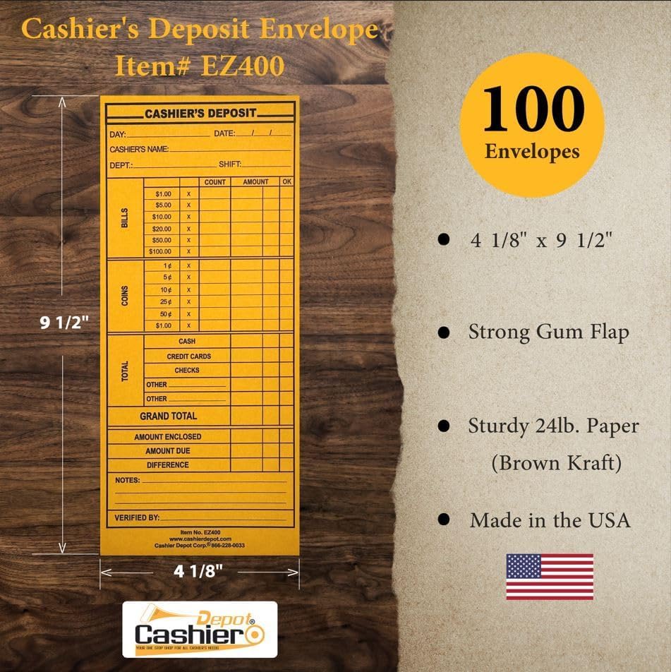 100 Cashier Depot EZ400 Cashier's Deposit Report Envelope, 4 1/8" x 9 1/2", Sturdy 24lb. Paper, Gum Flap,100 Envelopes (Brown Kraft)) image 5