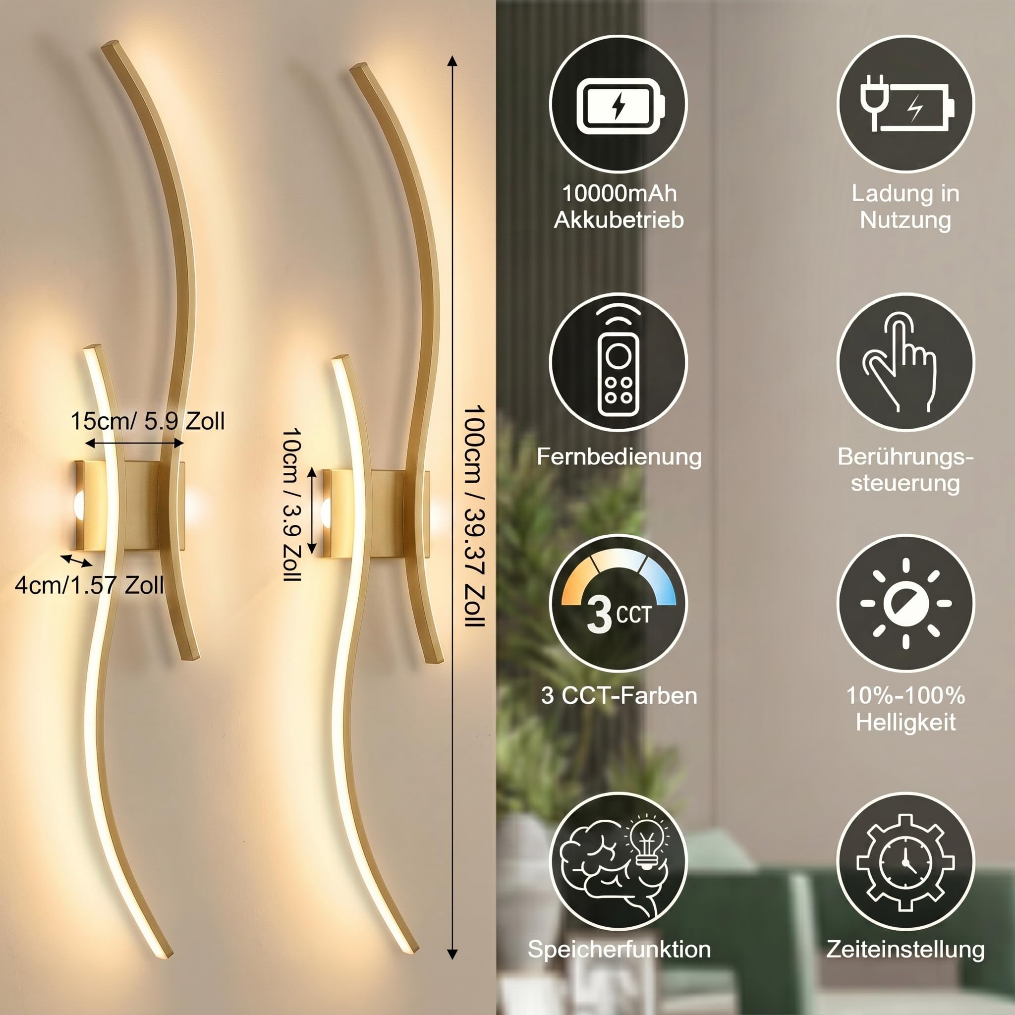 Kinkiet wewnętrzny z akumulatorem 10 000 mAh, zestaw 2 szt. 100 cm, lampa ścienna LED, ściemniana, z pilotem zdalnego sterowania, nowoczesne oświetlenie ścienne, wzornictwo fali, bezprzewodowa