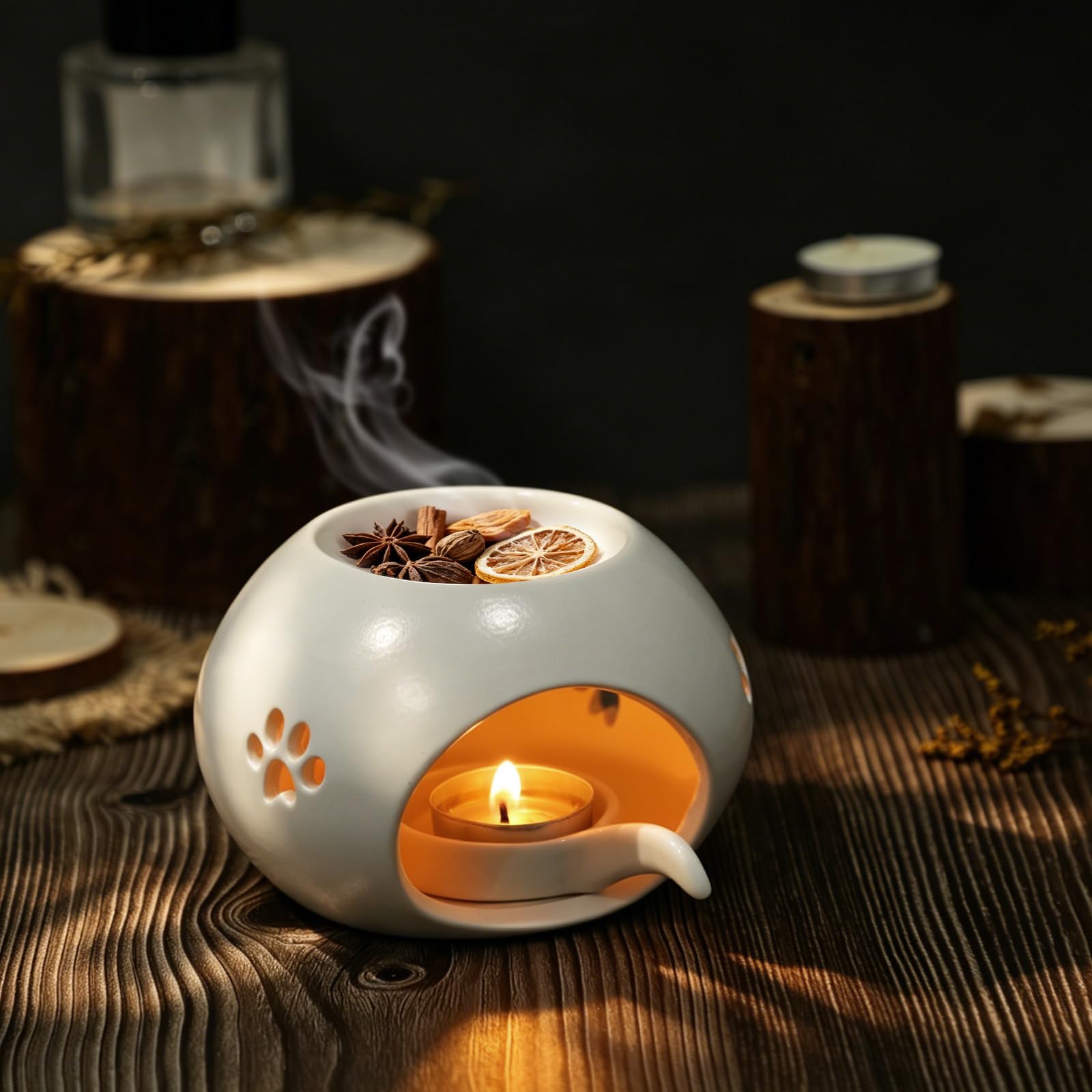 GeeRic Quemador de Vela de cerámica, quemadores de Aceite Esencial,Dispersión de Aroma para Dormitorios y Cuartos de Baño, Lámparas Aromáticas Estilo Pata de Gato con Cuchara