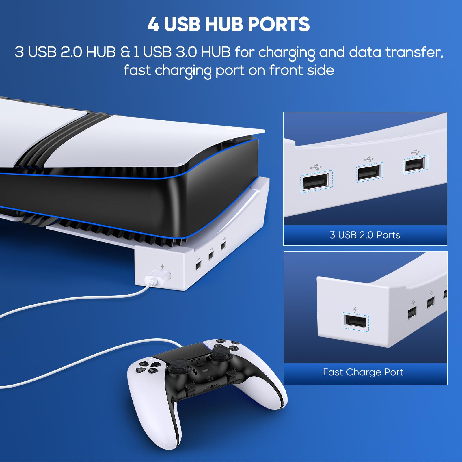 FASTSNAIL Horizontaler Ständer & Lüfter für PS5 Pro/Slim Digital/Disc, Standfuß mit USB 3.0 Port, Automatische Geschwindigkeitskontrolle LED Kühler，Zubehör für PS5 Slim/Pro(Weiß)