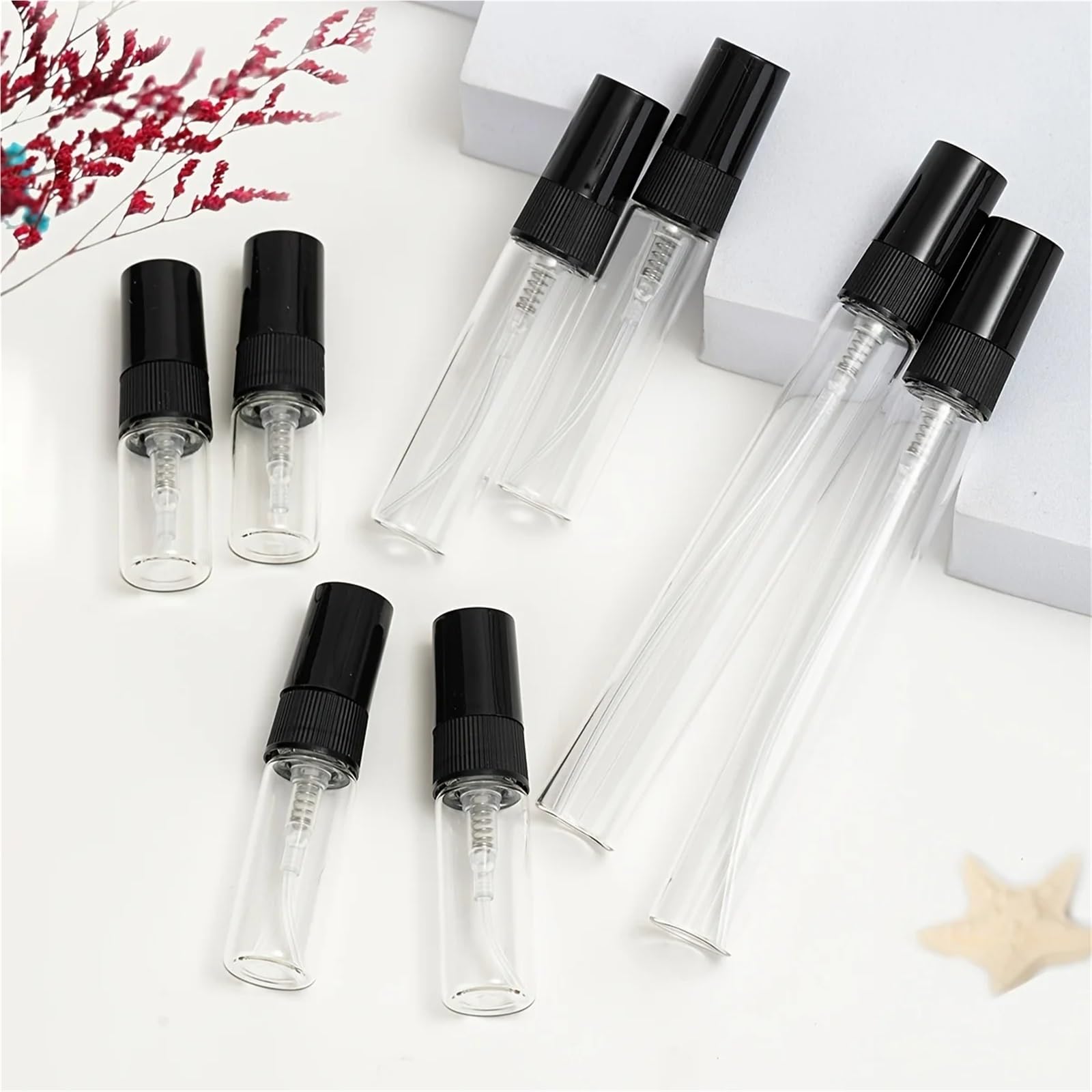 Parfümzerstäuber 50 Stück 6 Zubehörteile Transparente Parfümflaschen aus Glas, nachfüllbare Sprühflaschen, 0,07 oz,1,17,34(10ml)