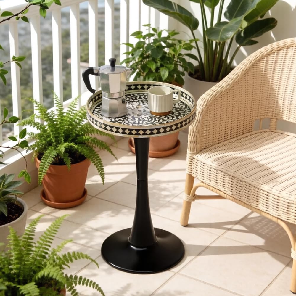 Ansley&HosHo 38cm Round Outdoor Garden Table with Trumpet Leg, Small Outdoor Side Table for Balcony Terrace, Accent Patio Table with Mandala Pattern (Shell BLACK&BEIGE)