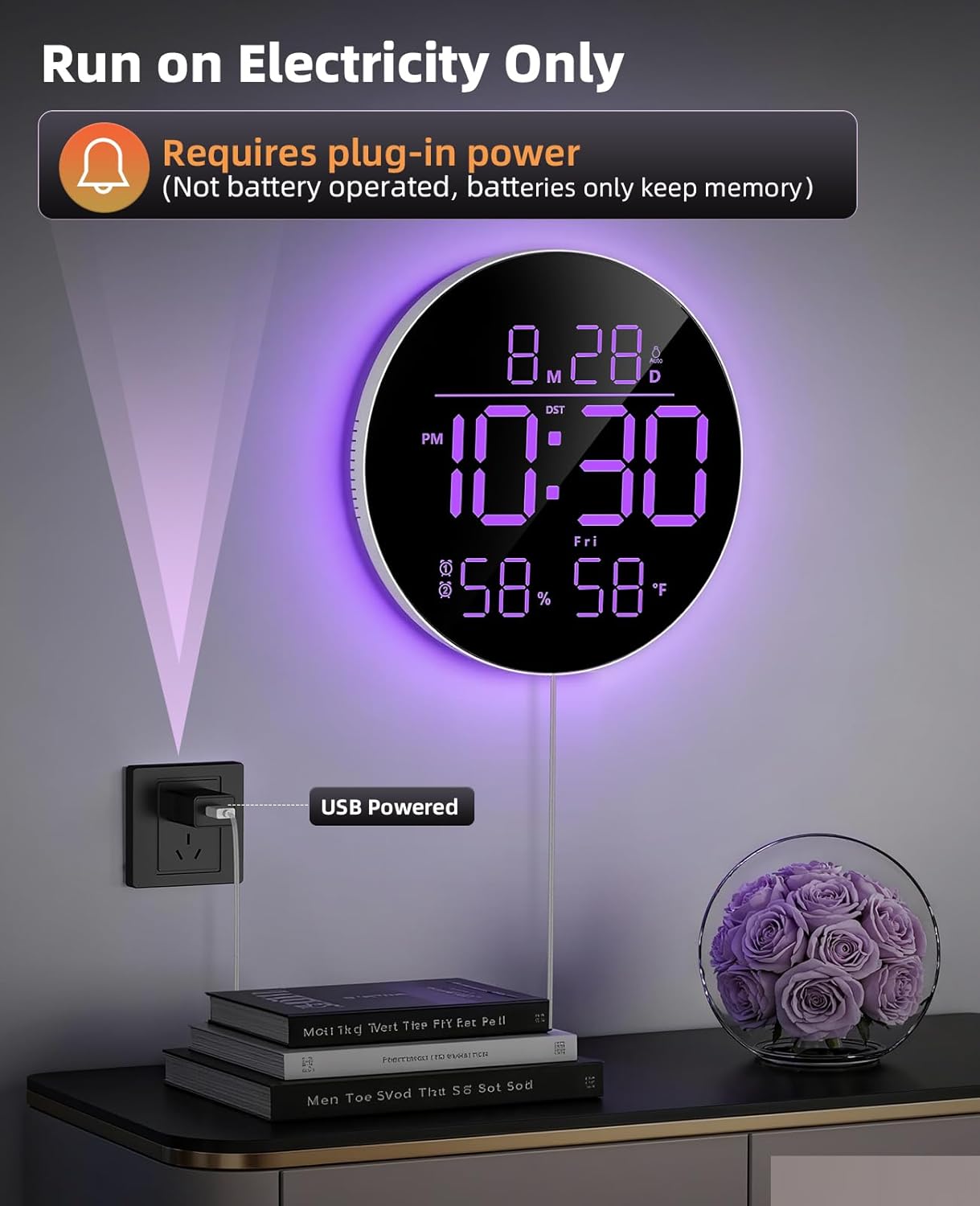 Digital Wall Clock for Classroom, Bedroom, Round 10-Inch Clock Large Display with RGB Color, Night Light, Remote Control, Temperature, Auto Brightness, Volume Control (Adapter Included)