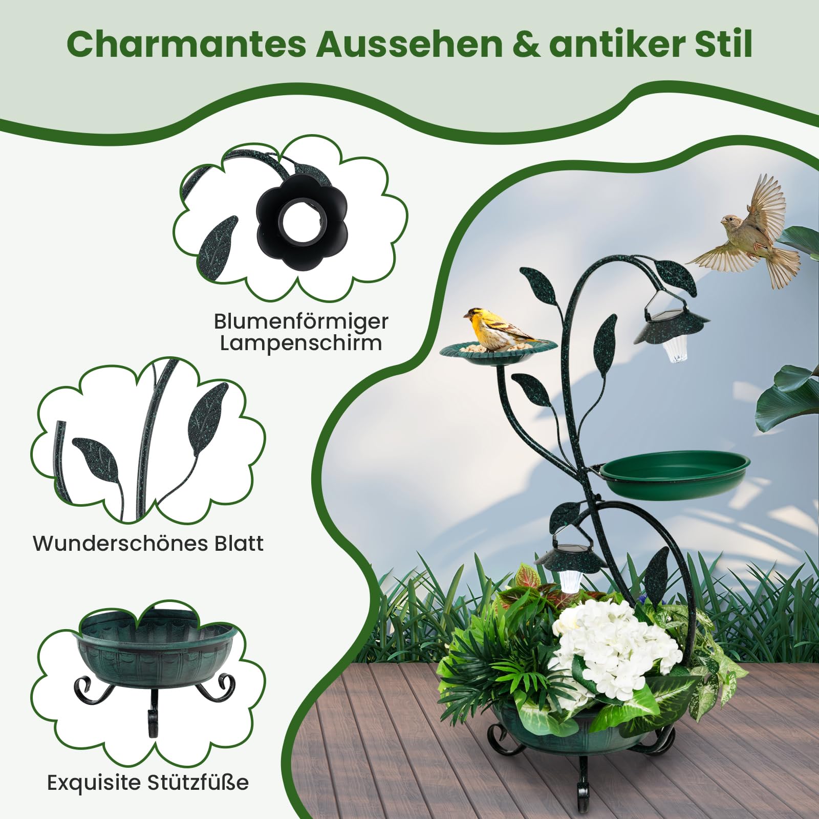 COSTWAY Vogeltränke mit Solarleuchte, Vogelbad Futterspender Blumentopf, Metall, 83 cm, Vogelfutterstation Deko, Blumenkasten mit dekorativen Blumen & Blättern, für Wildvögel Garten Hof, Bronze