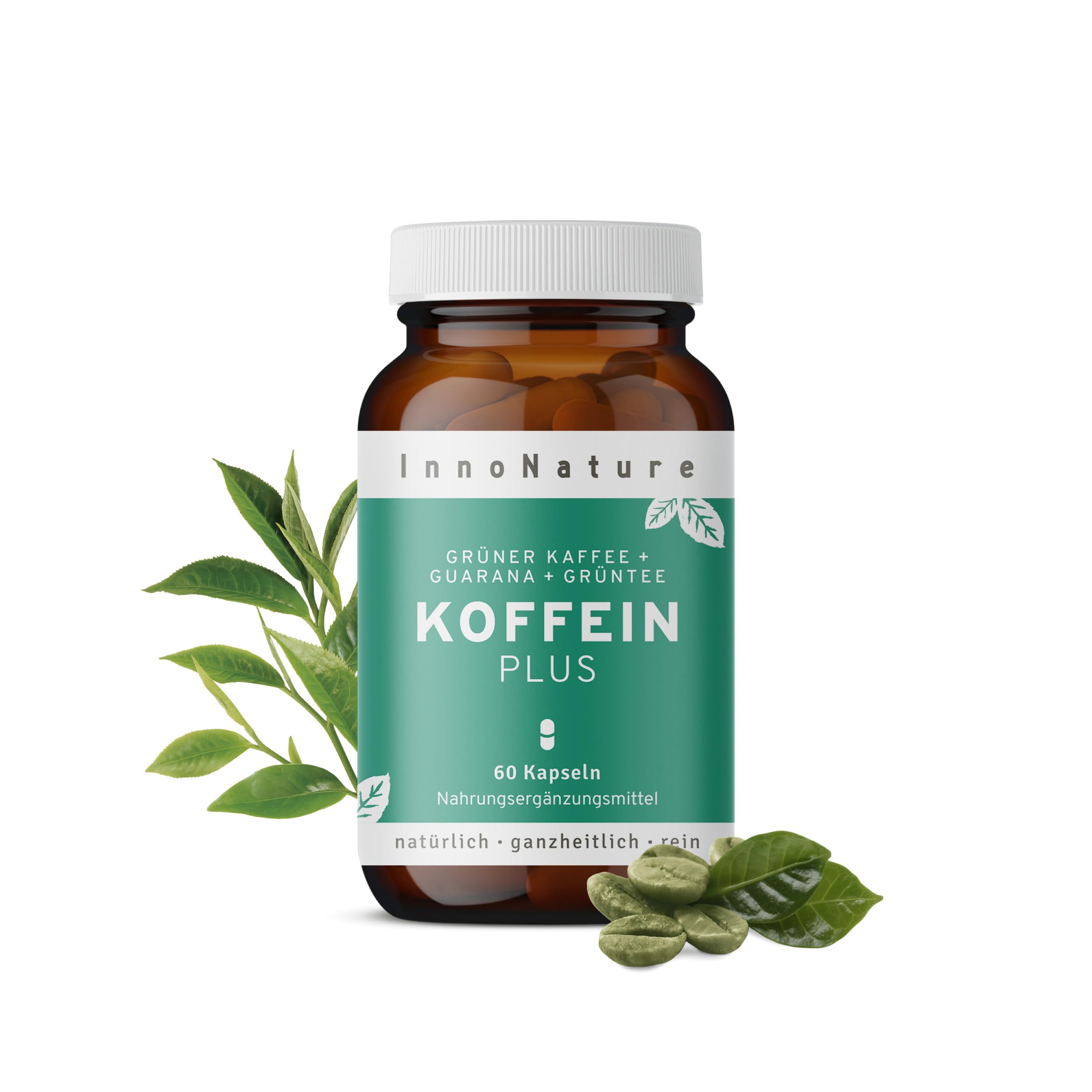 InnoNature Koffein Plus Kapseln | natürlich aus Grünem Kaffee + Guarana + Grüntee | 60 Kapseln, 150 mg Koffein, 50 µg Vitamin B12, vegan