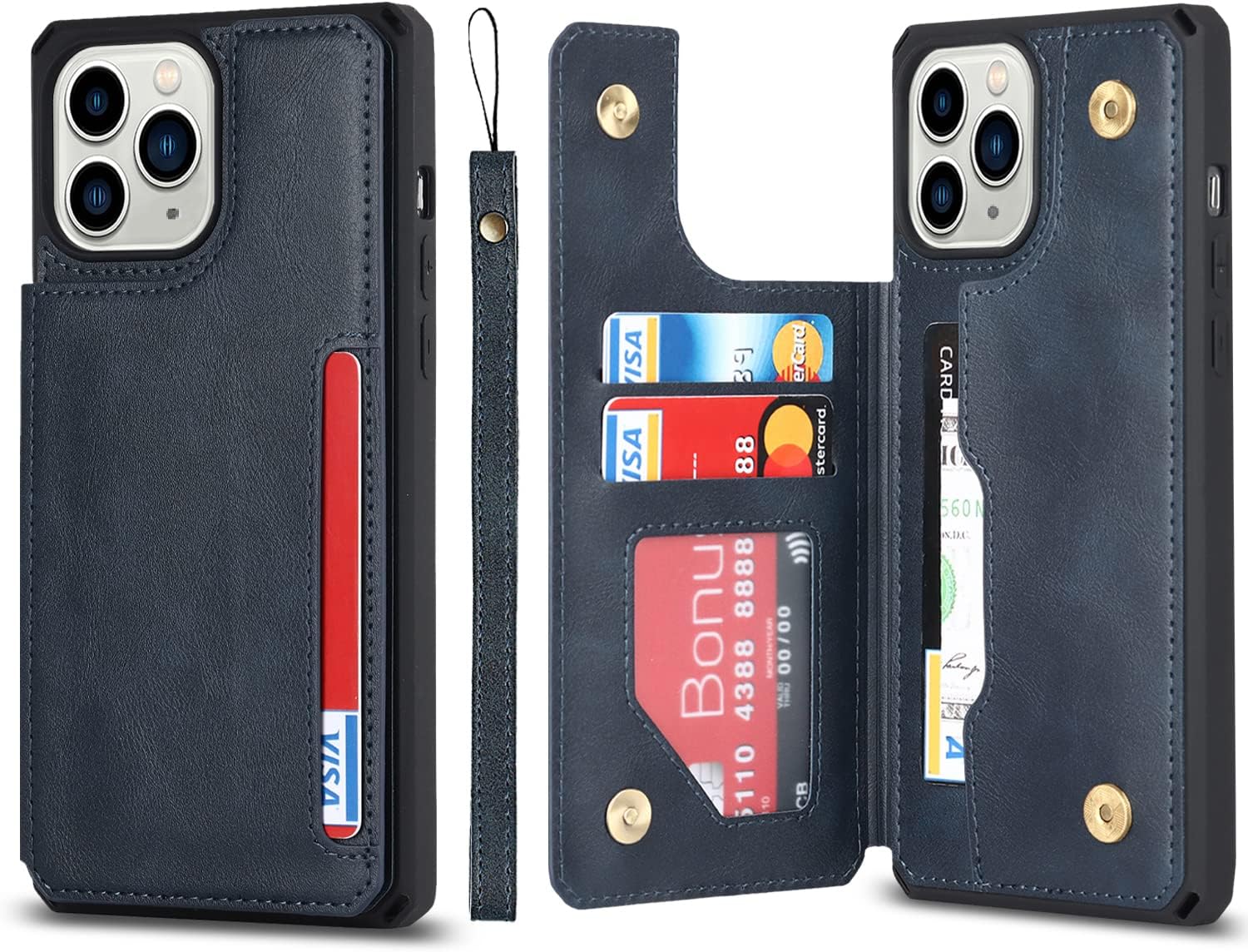 Cavor for iPhone 11 Pro Phone Case with Card Holder,Wallet Case with Credit Card Holders for iPhone11Pro,PU Leather Card Slots Cases[Kickstand Feature][Wrist Strap]Shockproof Cover for Women Men-Blue