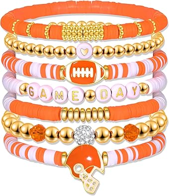Game Day Bracelets for Women - Red, Black, Blue Heishi Clay Beaded Stretch Bracelets - Stackable Sports Charm Bracelet Bangles - Football Mom Accessories & Outfits Jewelry Gifts
