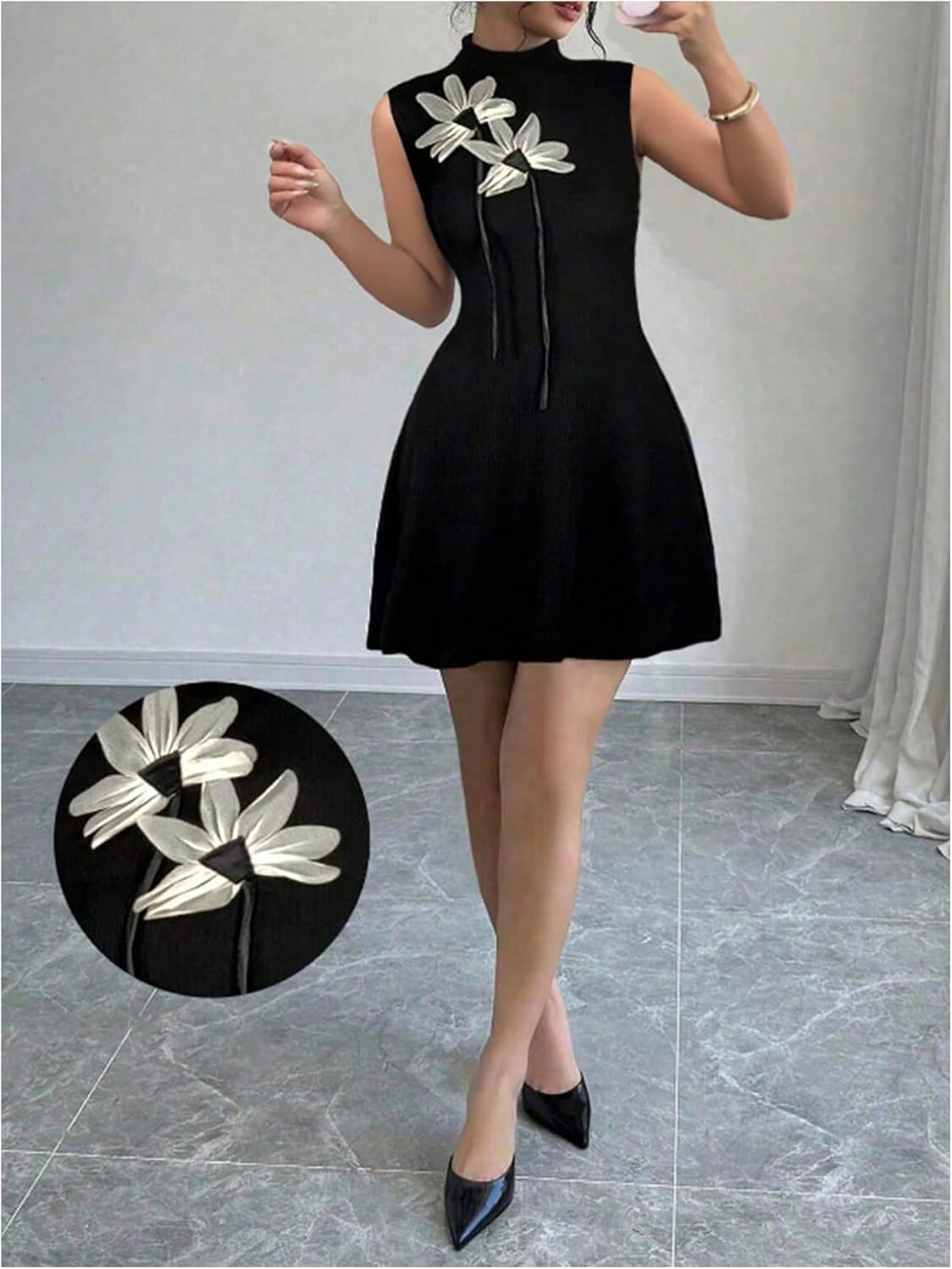 Floerns Women's 3D Floral Ruffle Tank Short Dress Mock Neck Sleeveless A Line Dresses - Image 4