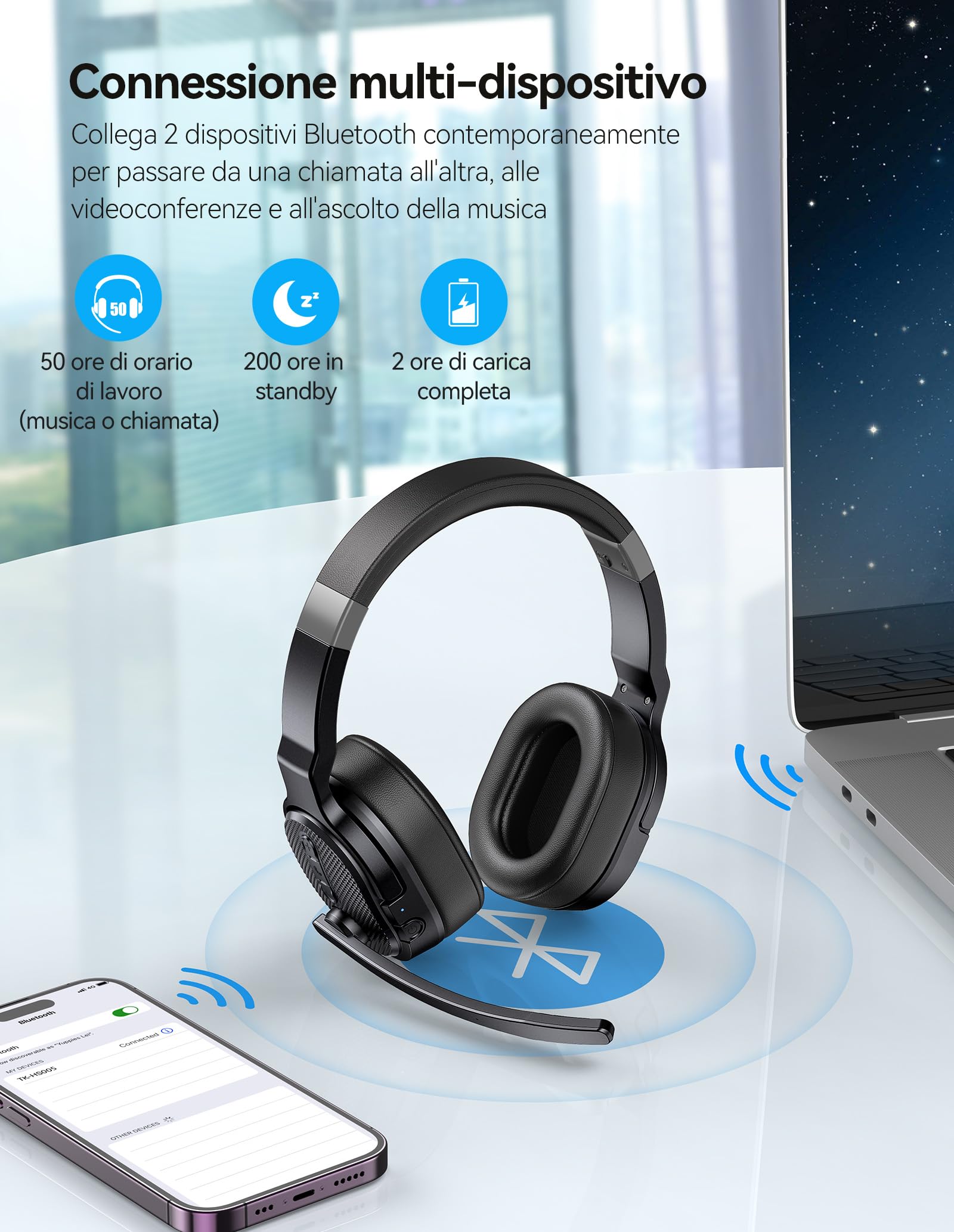 TECKNET Cuffie Bluetooth con microfono, USB dongle cancellazione del rumore singolo e doppio auricolare senza fili con 3 modalità di musica EQ, cuffie PC per call center, ufficio, camion
