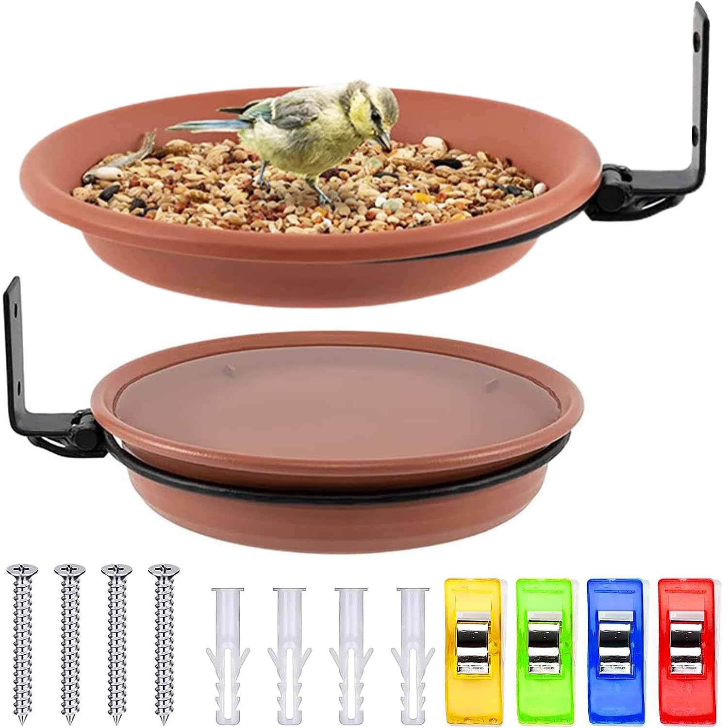 Comedero Pajaros Exterior 2 Pezzi Comedero Pájaros Bebedero Pajaros Silvestres Bebedero Pajaros Exterior Montado Pared Alimentador para Balcón, Jardín, Terraza（Marrón）