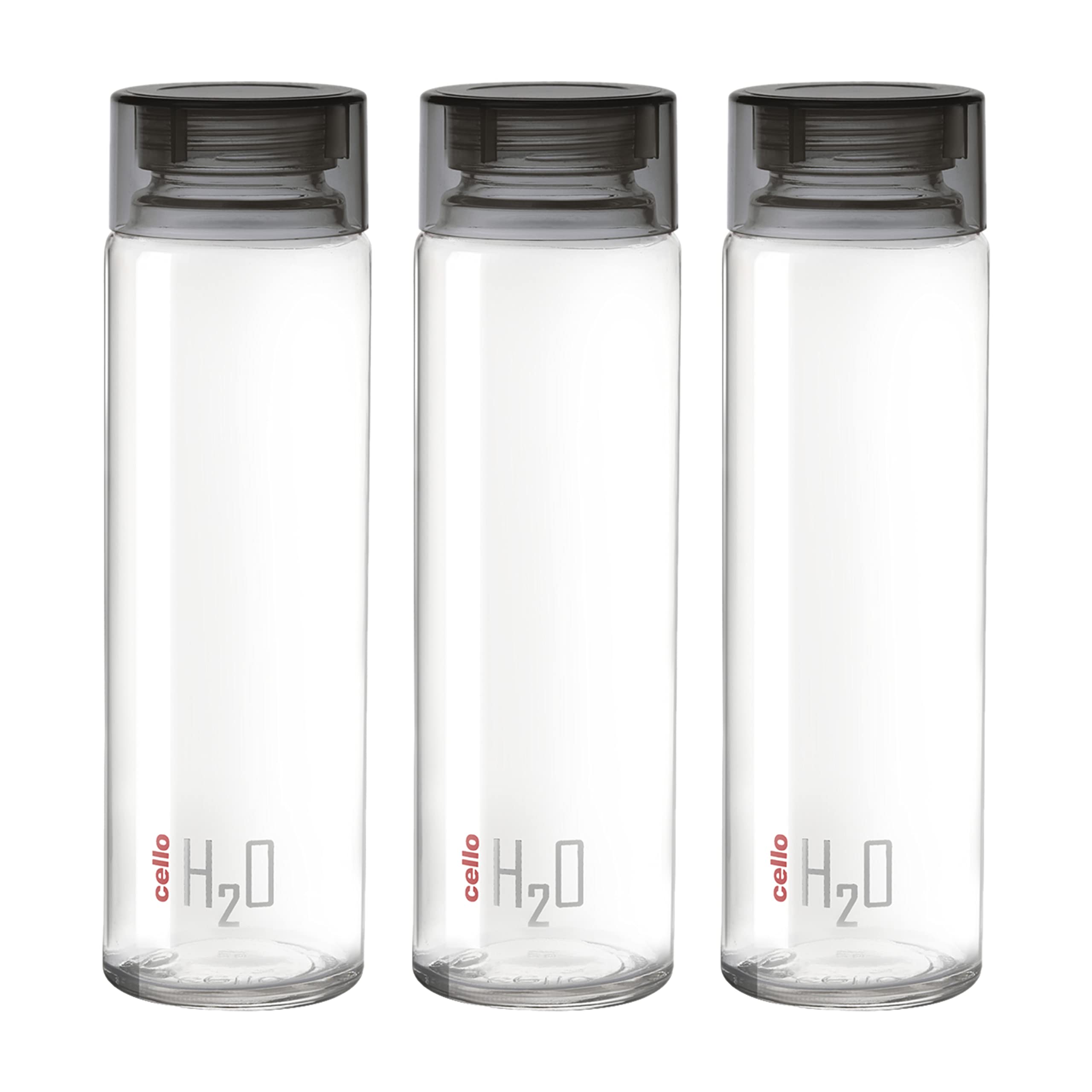 CELLO H2O Glass Fridge Water Bottle with Plastic Cap | Leak proof & break-proof | Wide mouth & Easy to Clean | Best Usage for Office/School/College | Set of 3, 920ml | Black