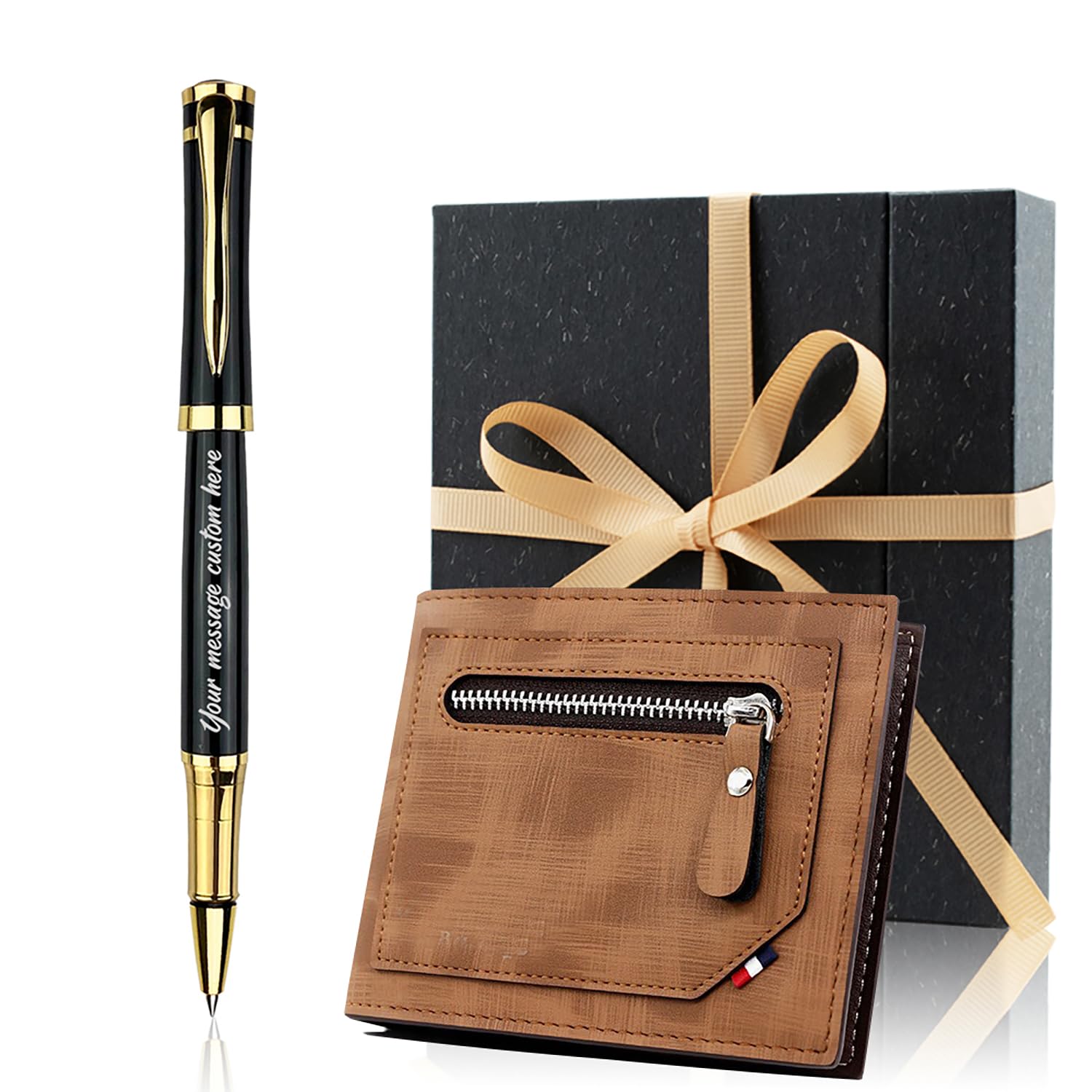 Yastar Personalized Pen with a Wallet, Office Gift Set with Pen Box 2 extra Black Refills Engraved with your Message Names Company Names Phone Number