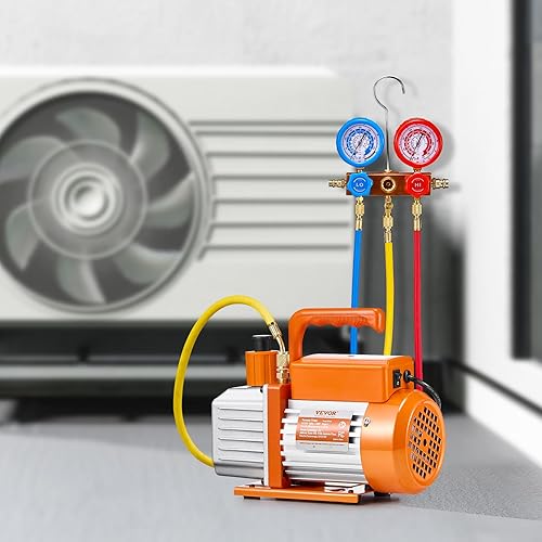 Miniatura 8 de VEVOR Juego de bomba de vacío y medidor de CA de 4.5 CFM, bomba de vacío de aire HVAC de paleta rotativa de una etapa, kit de manómetro refrigerante