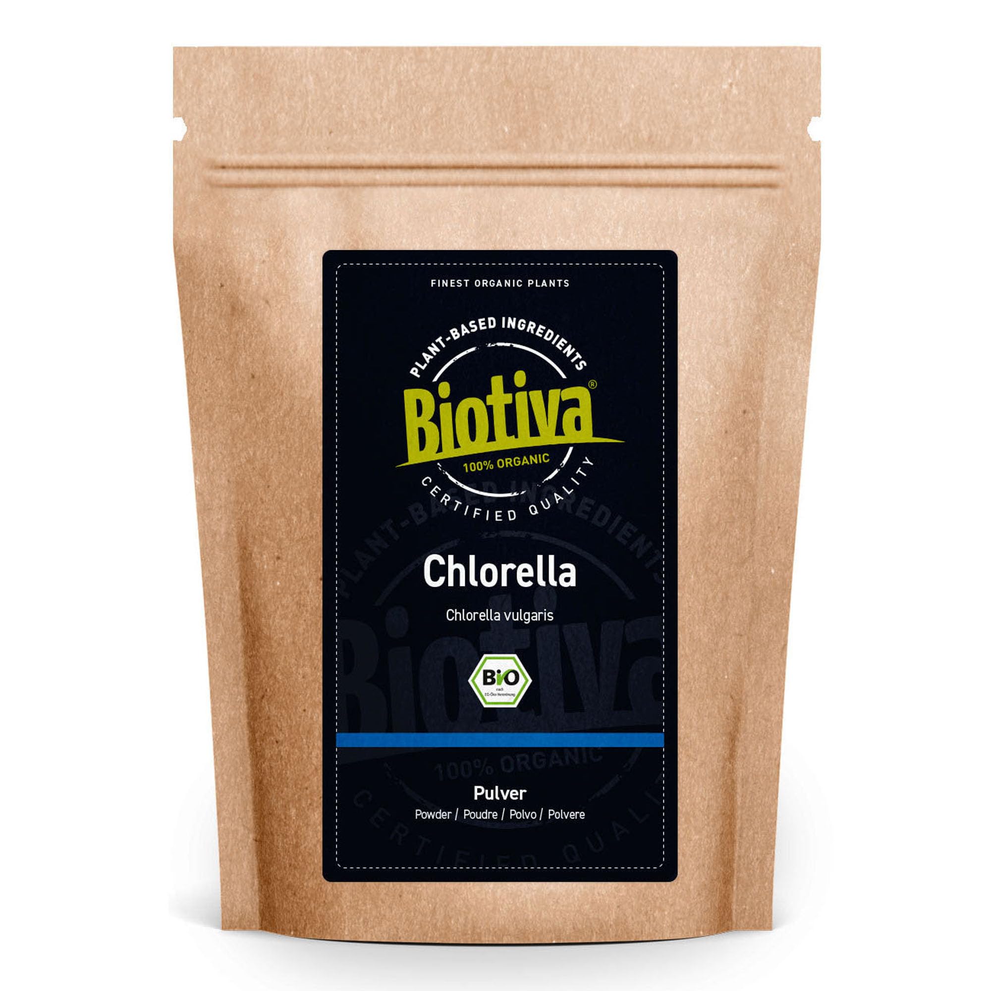 Chlorella poudre bio 1000g (2x500g) - Chlorella Vulgaris - Algues - Mis en bouteille et contrôlé en Allemagne - Biotiva