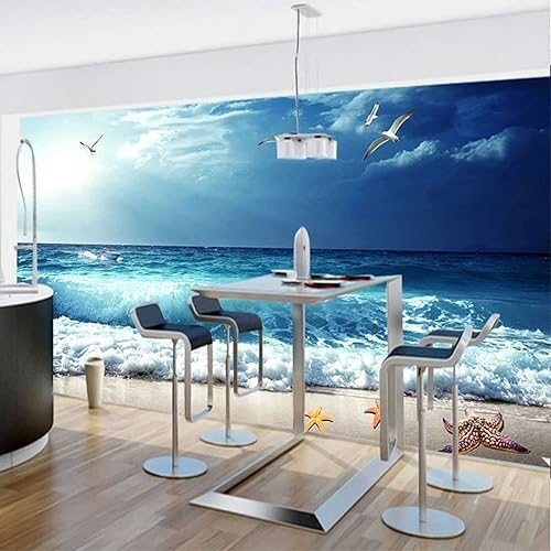 Miniatura 3 de Papel tapiz fotográfico grande 3D con olas de playa, murales de pared con vista al mar de gaviota, papel tapiz mural para sala de estar, dormitorio,