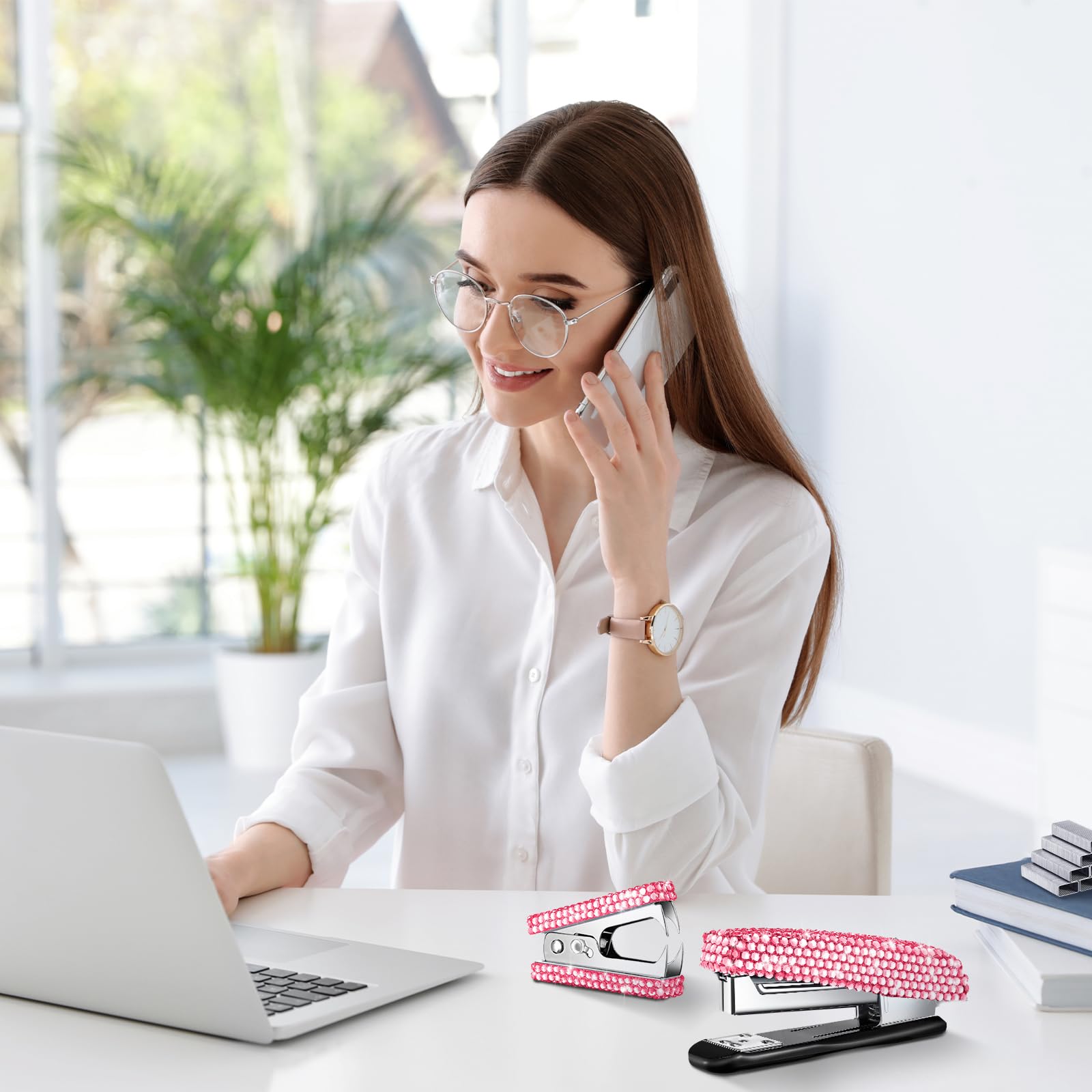 Bling Büro-Schreibtisch-Zubehör-Set, Kristall-Schul-Schreibwaren-Set, Schere, Hefter mit Heftklammer, Klebebandspender, Diamantstift, Klammerentferner, Binder-Clips, Büroklammern, Reißzwecken für