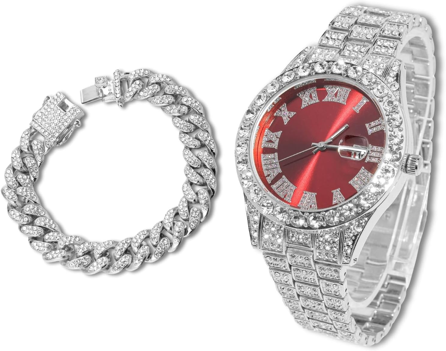 Diamond Watch for Men Guys Iced Out Green/Blue/Red Dial 18MM Wide Wristband 18k Real Gold/White Gold Platinum Plated, with Cuban Link Chain Set Optional, Gift for Boyfriend Husband
