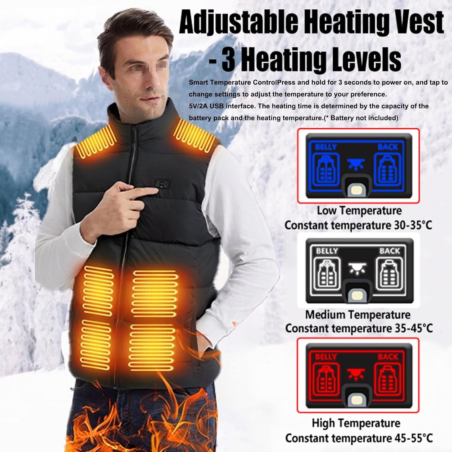 Heated Vest Women Adjustable, 3-Level Lighting USB Heated Jackets for Men 15 Heating Zones 3 Heat Levels(No Battery)