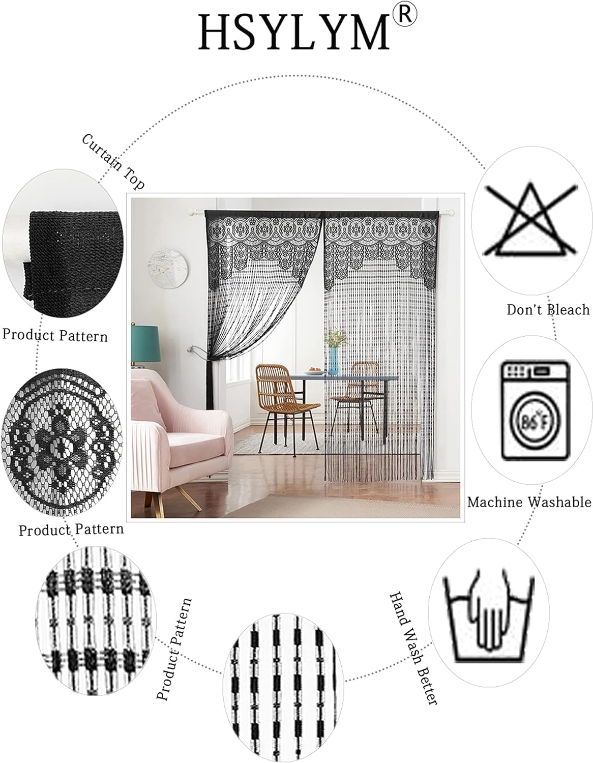 String Door Privacy Lace Curtain Macrame Boho Doorway Window Curtains for Wall Divider Windows Door Covers Decorative Room Separation (35×79in/90×200cm,Black) - Image 4