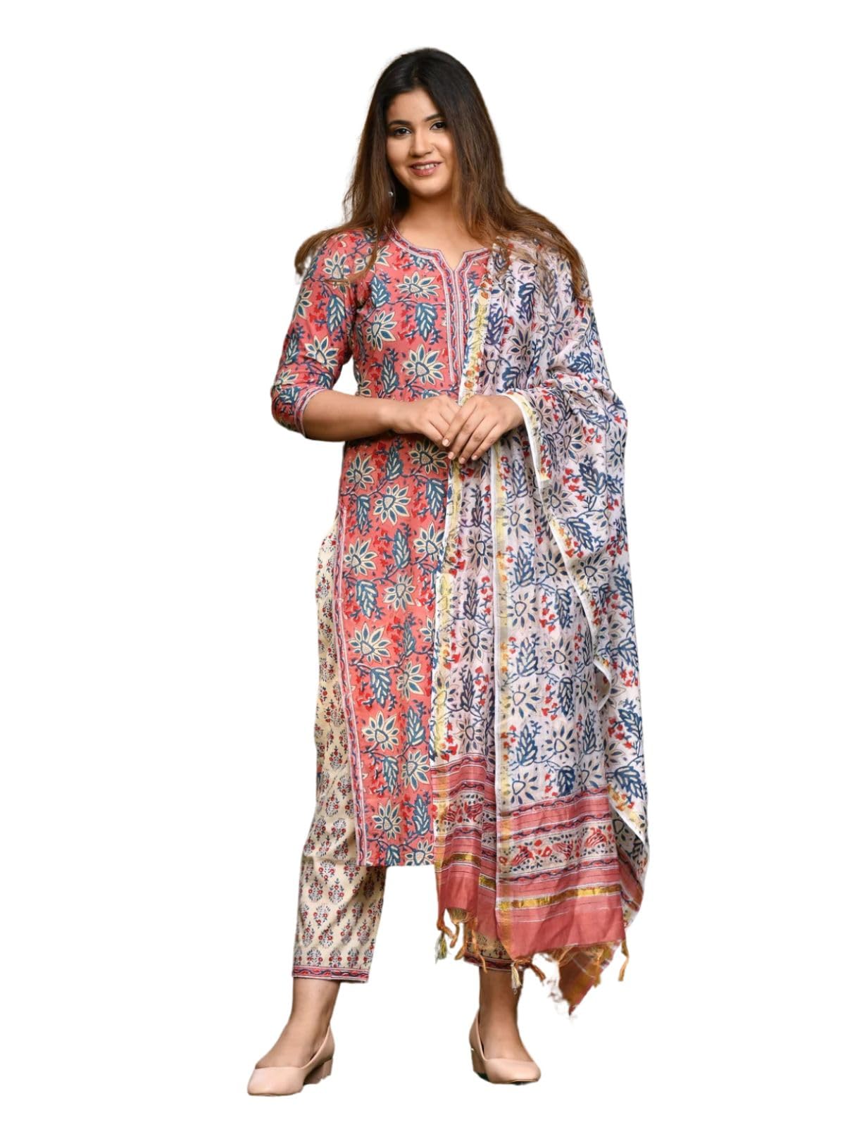 Greciilooks Womens Regular Cotton Blend Regular Fit Kurta Set (Pink, Small)