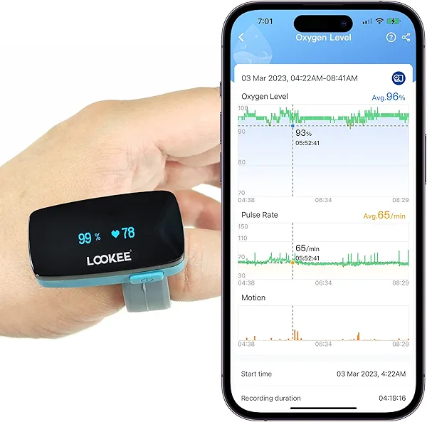 LOOKEE Ring Continuous Pulse Oximeter - Wearable Oxygen Monitor with Vibration Reminder for Low O2 - Rechargeable Blood Oxygen Saturation Tracker for SpO2 & PR - Free APP with Reports