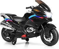 Costzon 12V Kids Electric Ride-On Motorcycle with Training Wheels, LED Lights, Music, Pedal & Forward/Reverse - Black Bike for Boys Girls