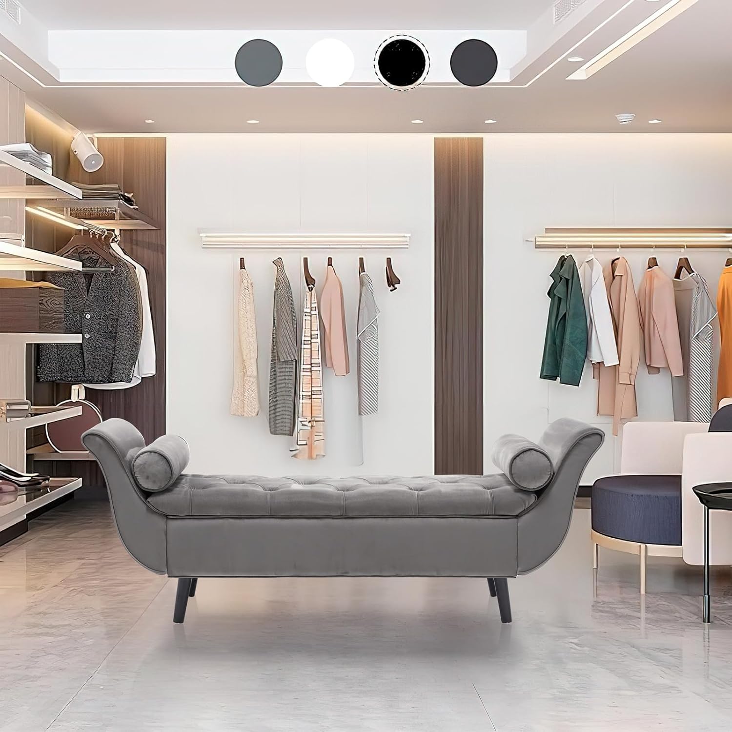 65" King Size Bed Bench with Arm, End of Bed Storage Benches for Bedroom Foot of Bed Modern Velvet Upholstered Ottoman Under Beside Window, Entryway, Living Room Seating with Two Pillow (Dark Grey)