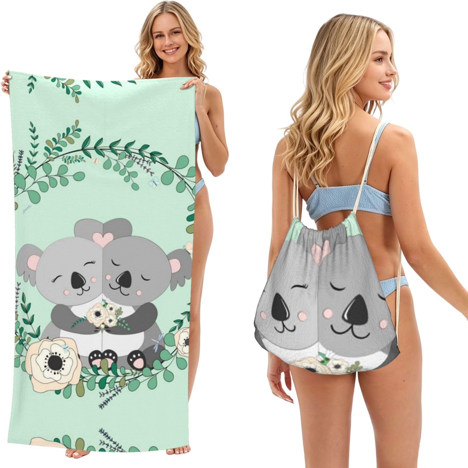 SATUSA Koala Print 2-In-1 Foldable Beach Towel Backpack â€“ Camping, Yoga And Travel,Bath Towel With Built-In Storage, Convertible Beach Mat & Carry Bag