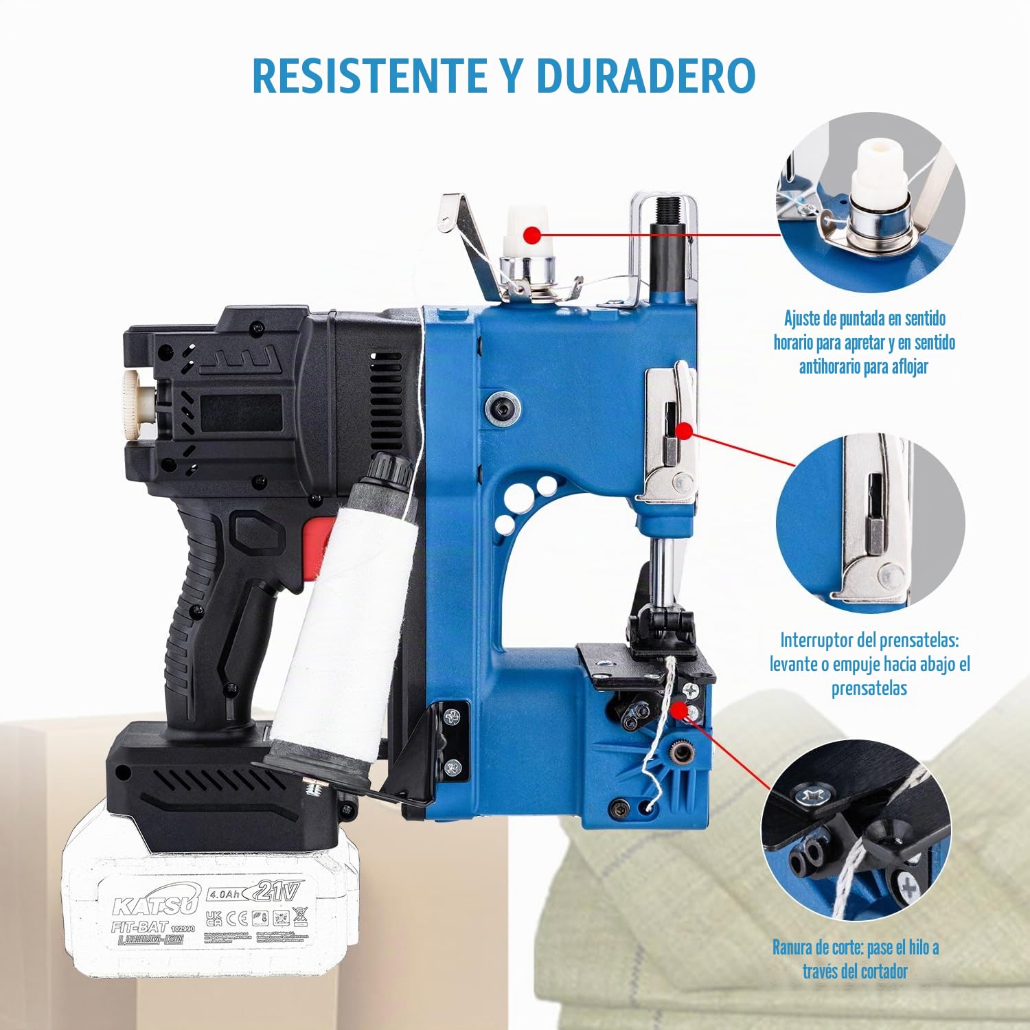 KATSU FIT-BAT 823516 - Máquina de coser inalámbrica sin escobillas de 18/21 V, 5 agujas de coser adicionales, para bolsas tejidas/sacos/papel/plástico, sin batería