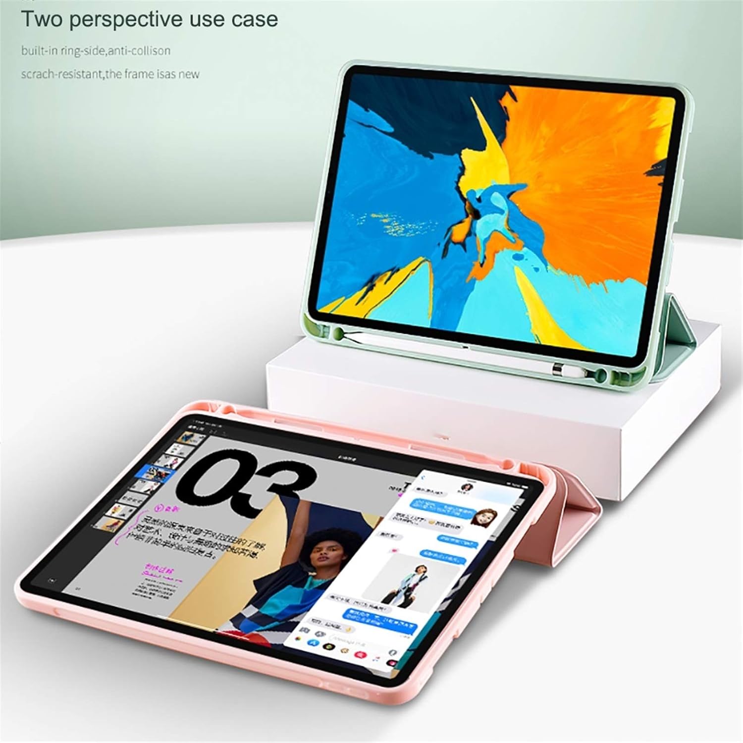 Two iPads in HAODEE cases, one in a vertical viewing stand position and another in a lower typing angle