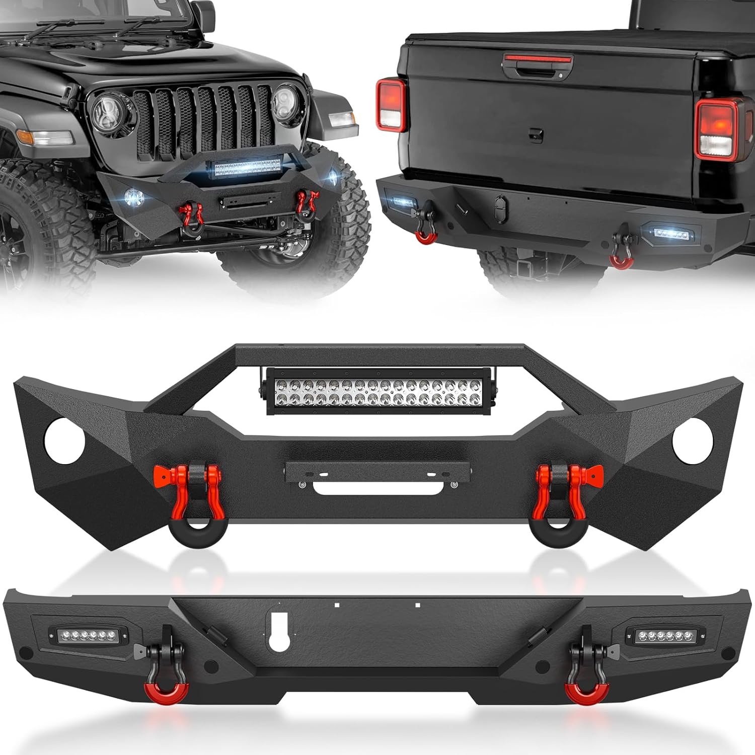 for JT Stubby Front and Rear Bumpers Compatible with 2020-2026 Jeep Gladiator JT with Winch Plate, LED Lights, Fog Light Holes, Sensor Holes, License Plate Frame, License Plate Lights & D-rings